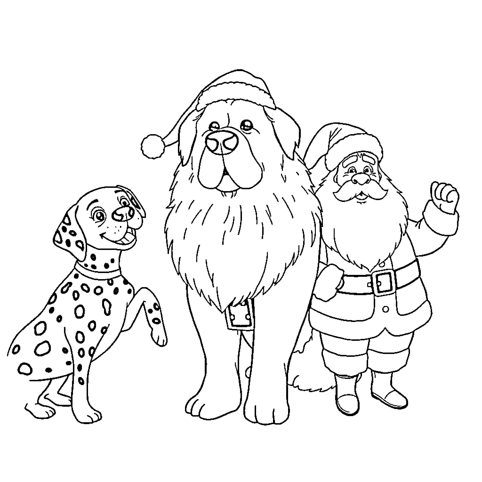 Dog and friends dressed for the holidays Coloring Page (free black-and-white line drawing printable PDF for all, from beginners to advanced learners, including children, teens, adults, and seniors)