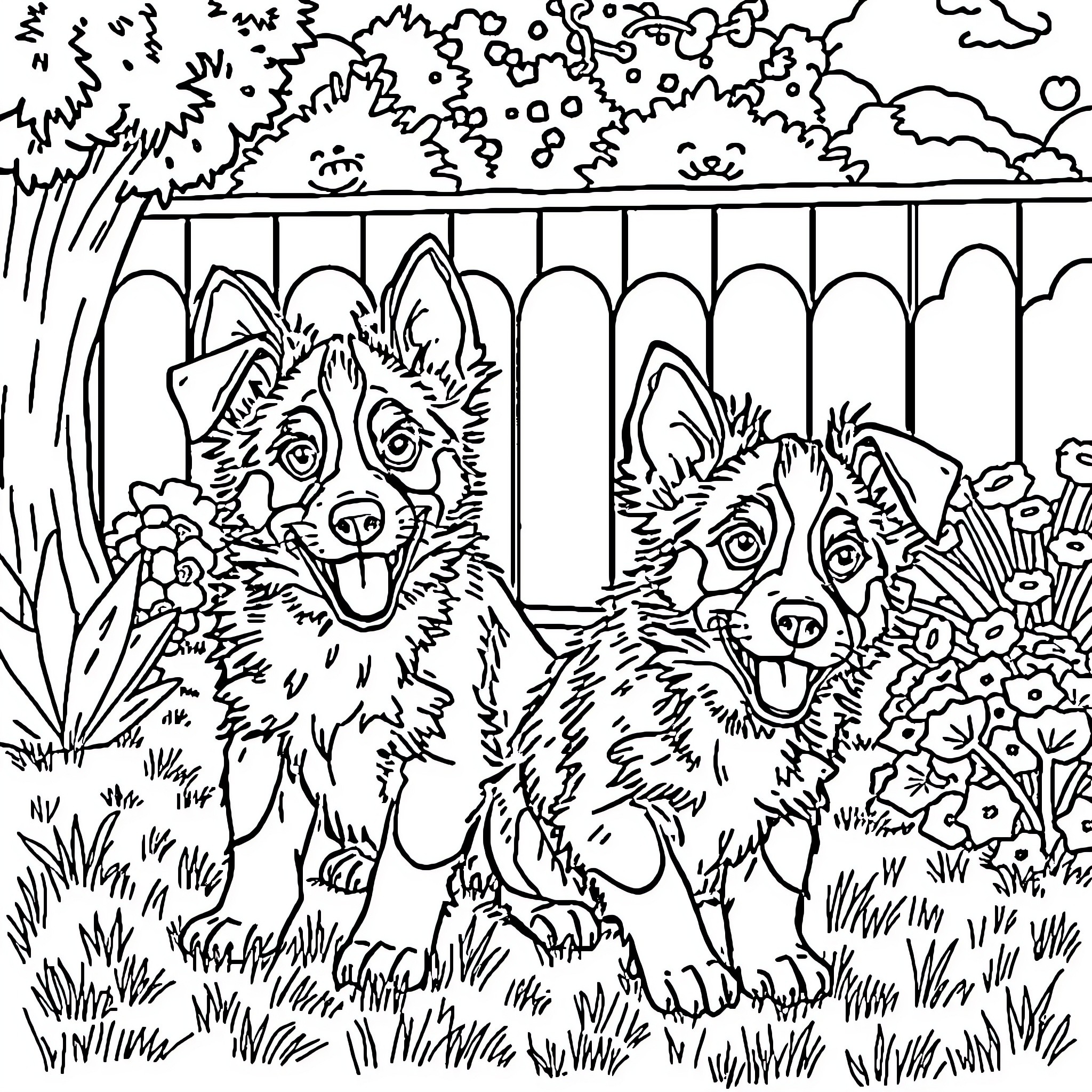 Bluey and Bingo Explore the Backyard Coloring Page (free black-and-white line drawing printable PDF for all, from beginners to advanced learners, including children, teens, adults, and seniors)