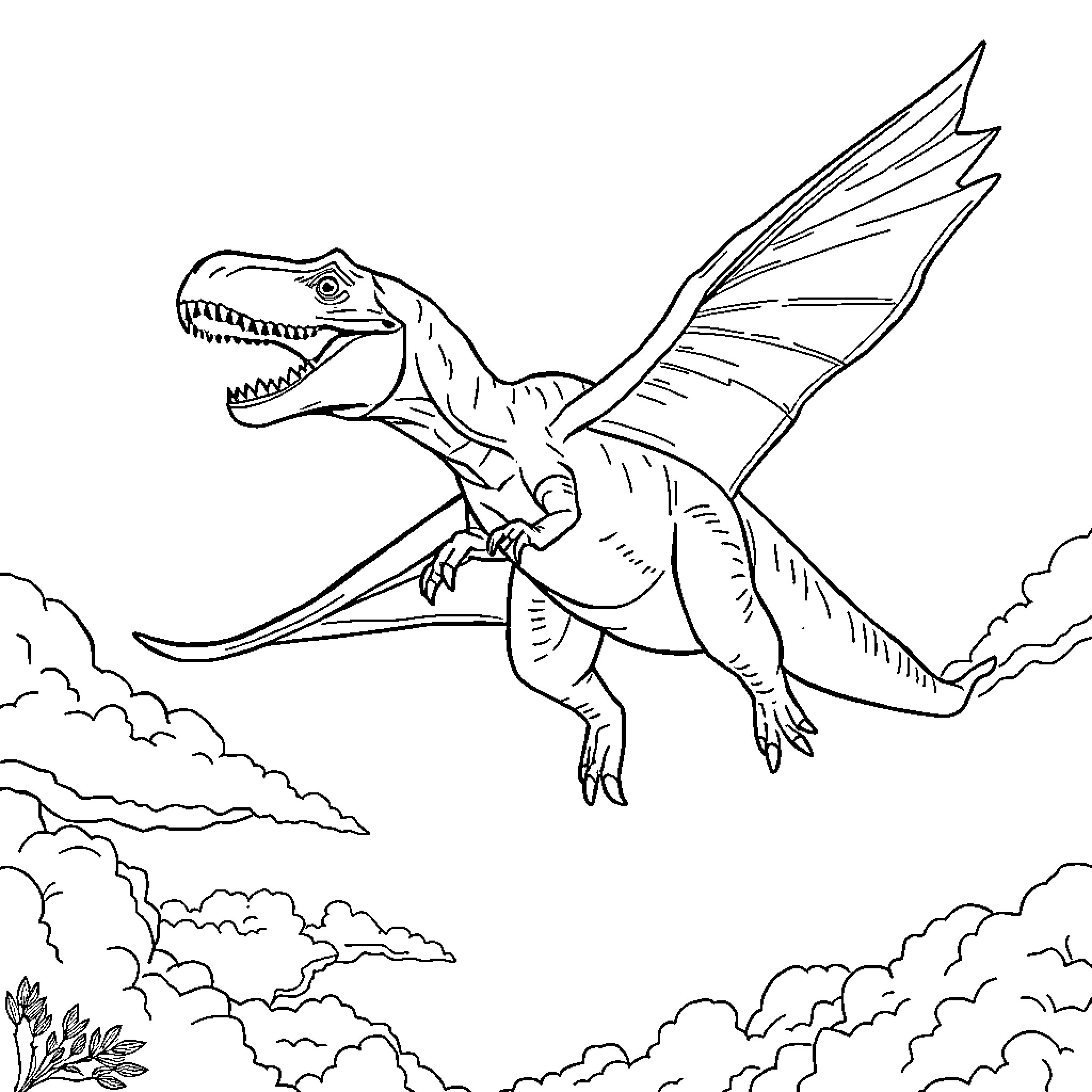 Flying Dinosaur soaring through the clouds Coloring Page (free black-and-white line drawing printable PDF for all, from beginners to advanced learners, including children, teens, adults, and seniors)