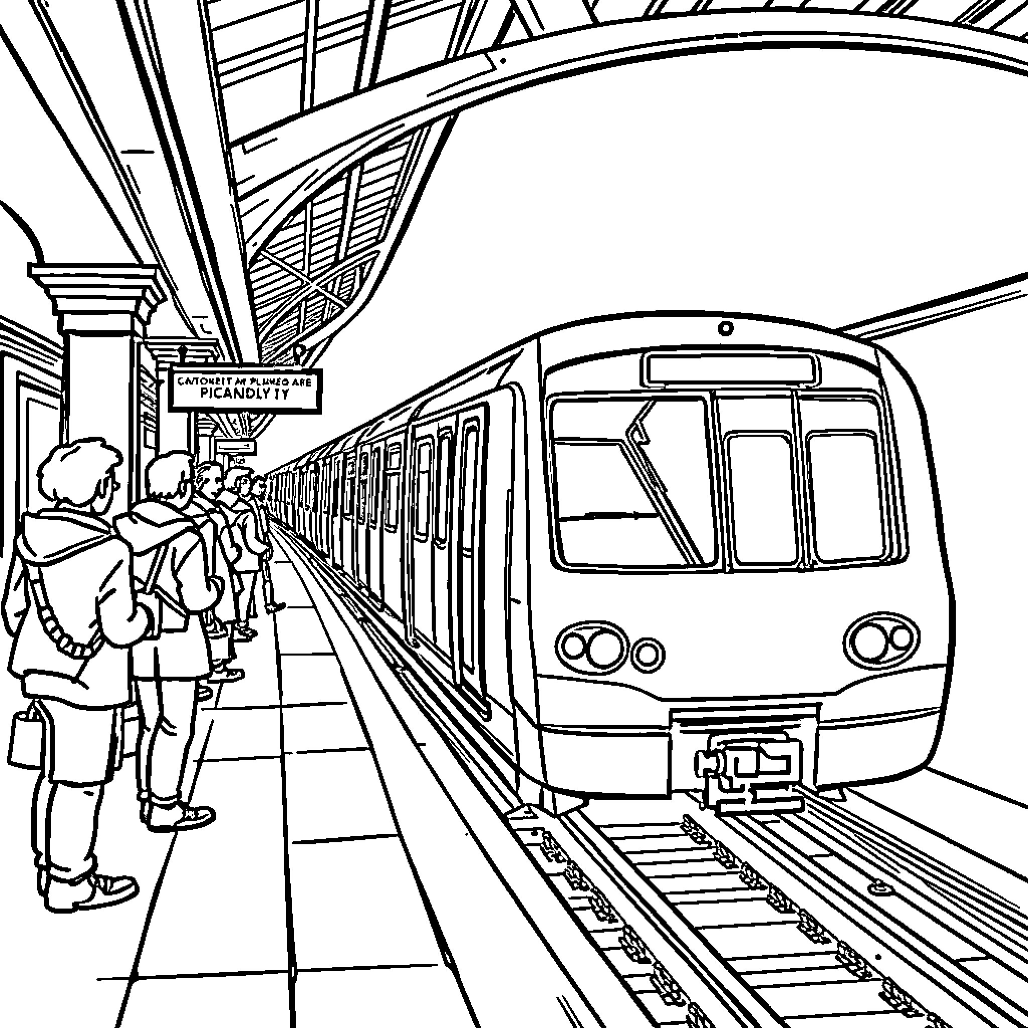 Train Passengers Waiting at the Station Platform Coloring Page (free black-and-white line drawing printable PDF for all, from beginners to advanced learners, including children, teens, adults, and seniors)
