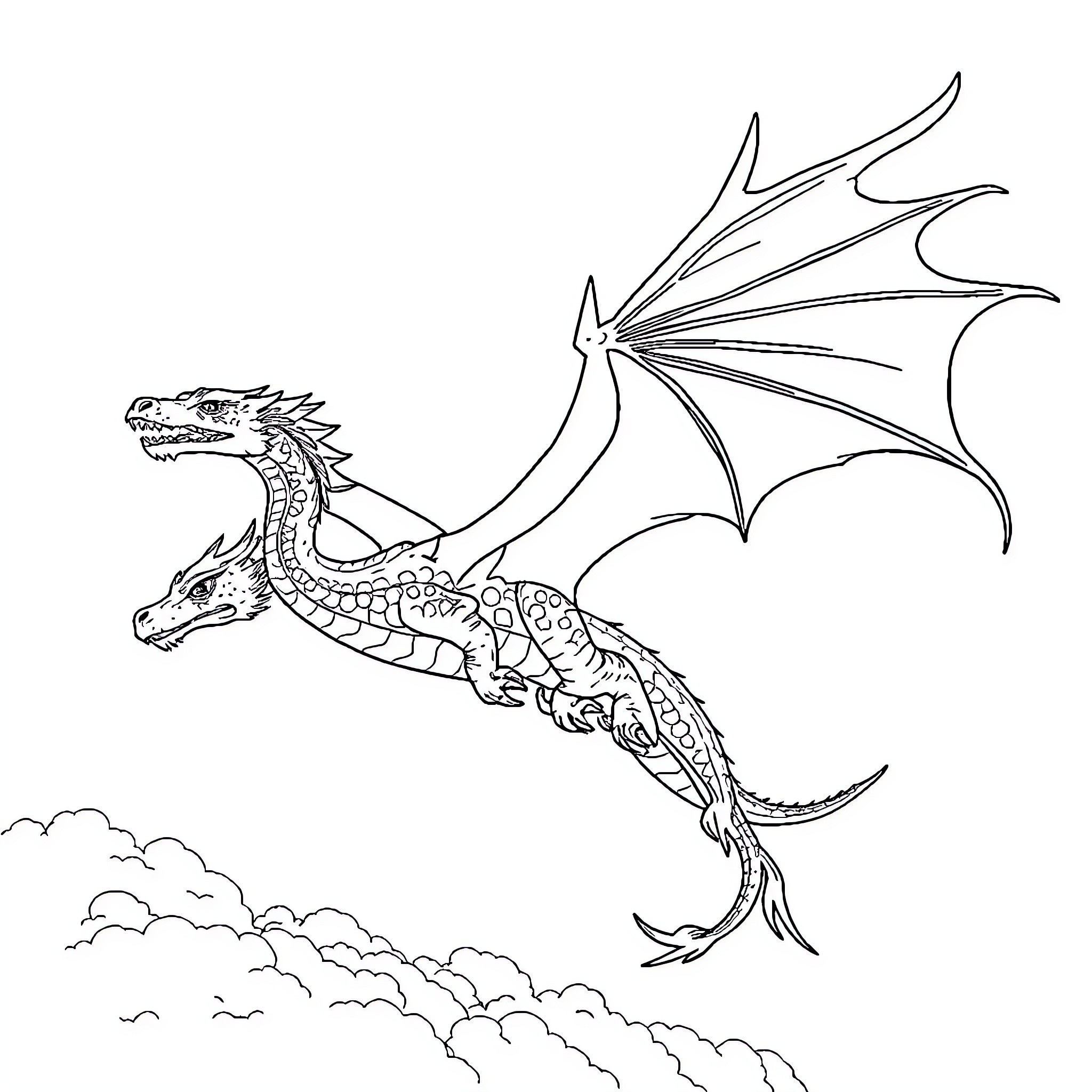 Dragon soaring through the clouds Coloring Page (free black-and-white line drawing printable PDF for all, from beginners to advanced learners, including children, teens, adults, and seniors)