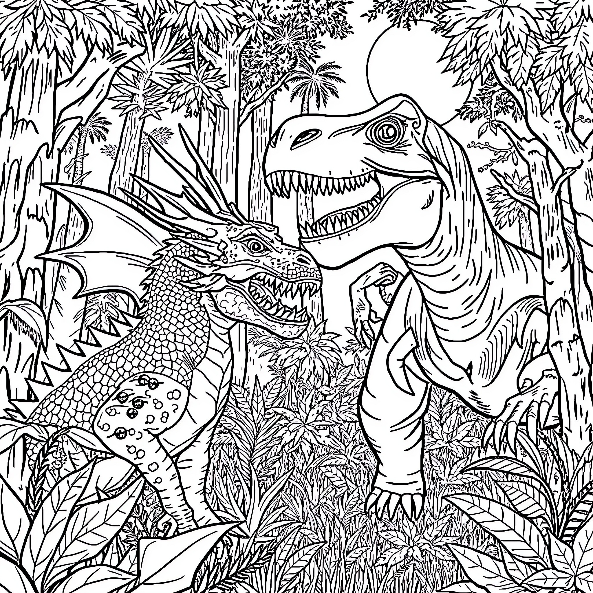 Dragon's Primal Encounter in the Prehistoric Jungle Coloring Page (free black-and-white line drawing printable PDF for all, from beginners to advanced learners, including children, teens, adults, and seniors)