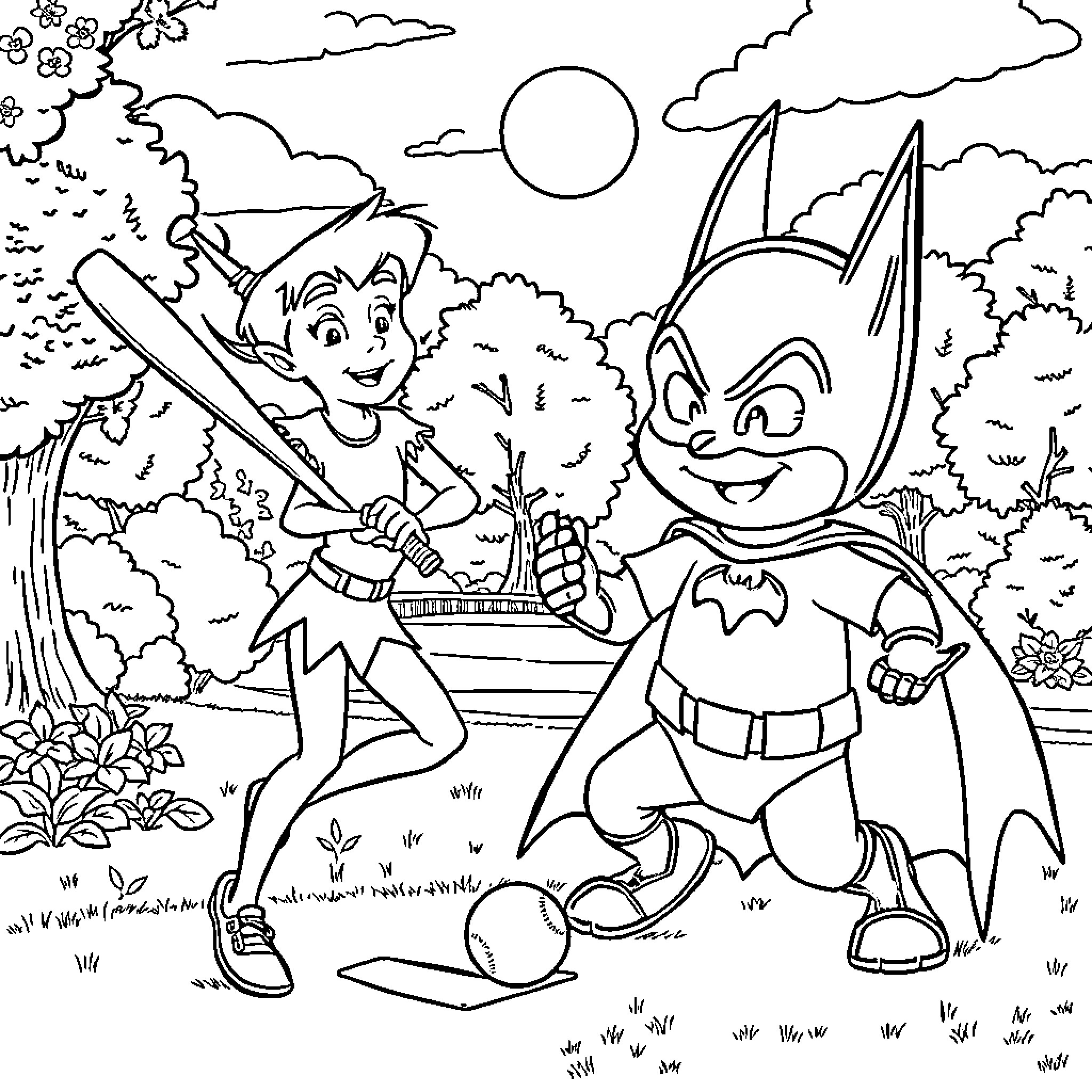 Peter Pan and Batman in the Neverland Forest Coloring Page (free black-and-white line drawing printable PDF for all, from beginners to advanced learners, including children, teens, adults, and seniors)