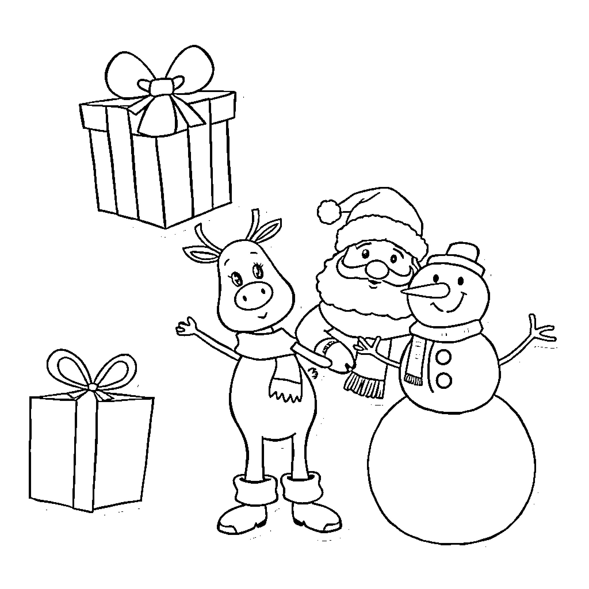 Gift of Festive Celebrations with Santa and Snowman Coloring Page (free black-and-white line drawing printable PDF for all, from beginners to advanced learners, including children, teens, adults, and seniors)