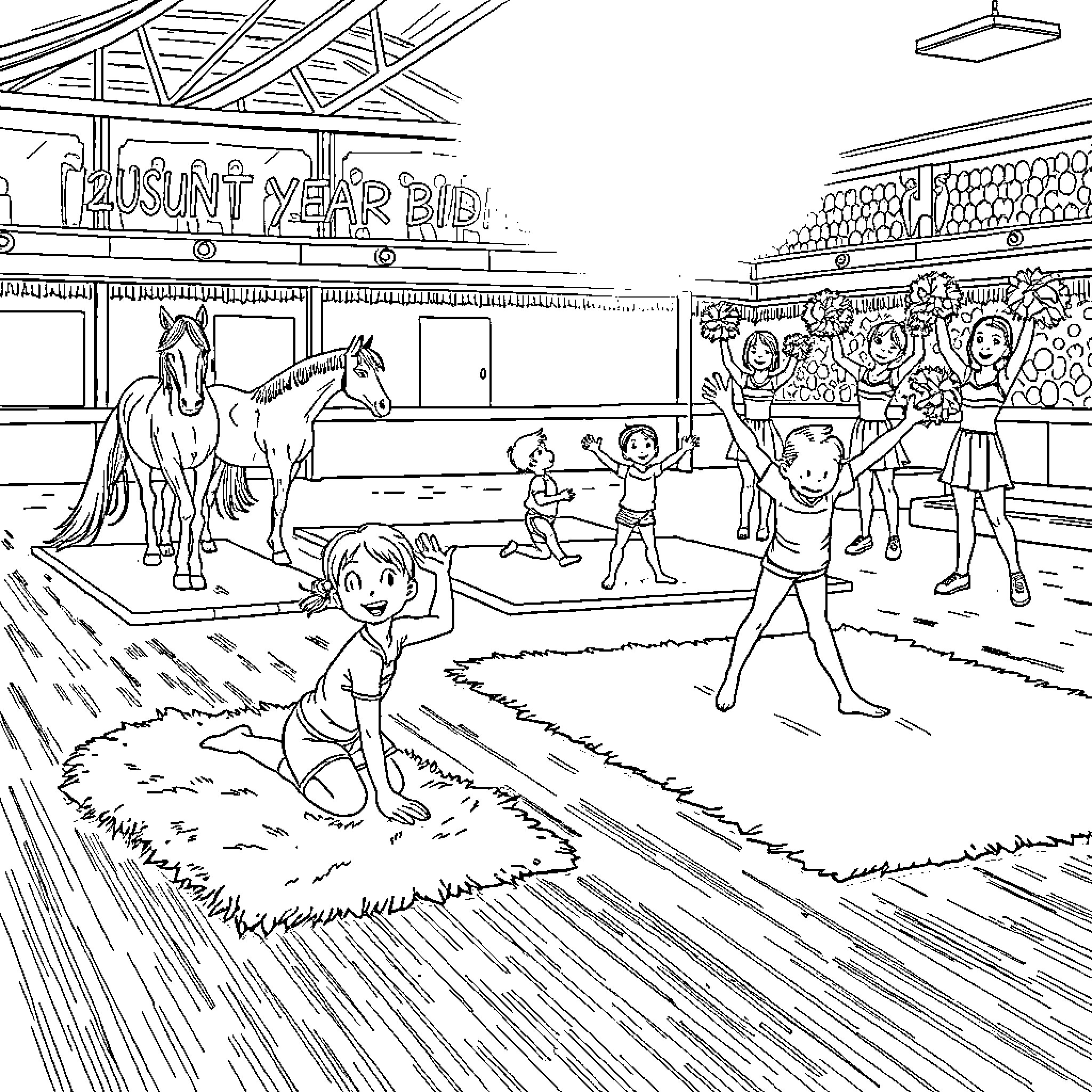 Gymnast training at the annual carnival Coloring Page (free black-and-white line drawing printable PDF for all, from beginners to advanced learners, including children, teens, adults, and seniors)
