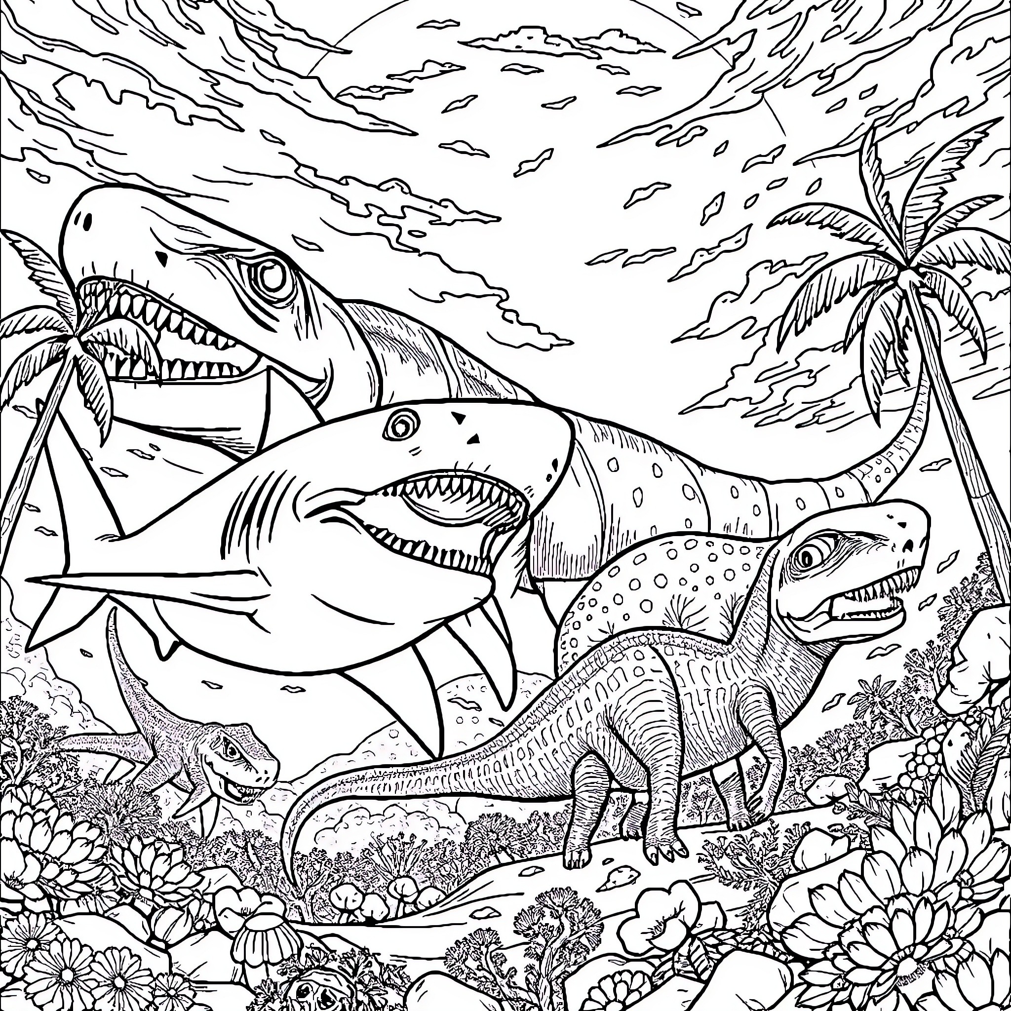 Shark hunting in a tropical underwater scene Coloring Page (free black-and-white line drawing printable PDF for all, from beginners to advanced learners, including children, teens, adults, and seniors)