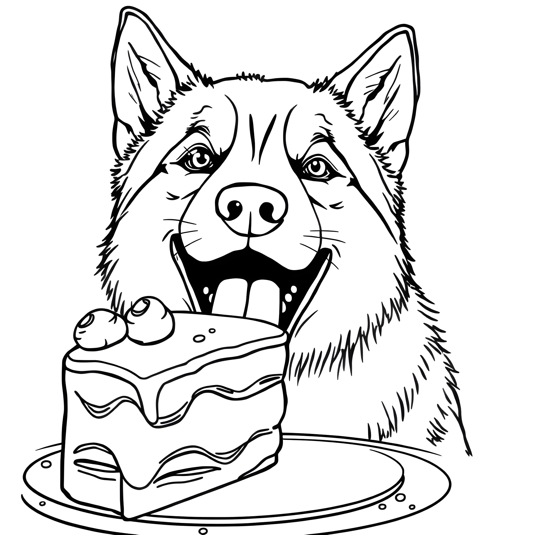 Husky dog eagerly eyeing a slice of cake Coloring Page (free black-and-white line drawing printable PDF for all, from beginners to advanced learners, including children, teens, adults, and seniors)