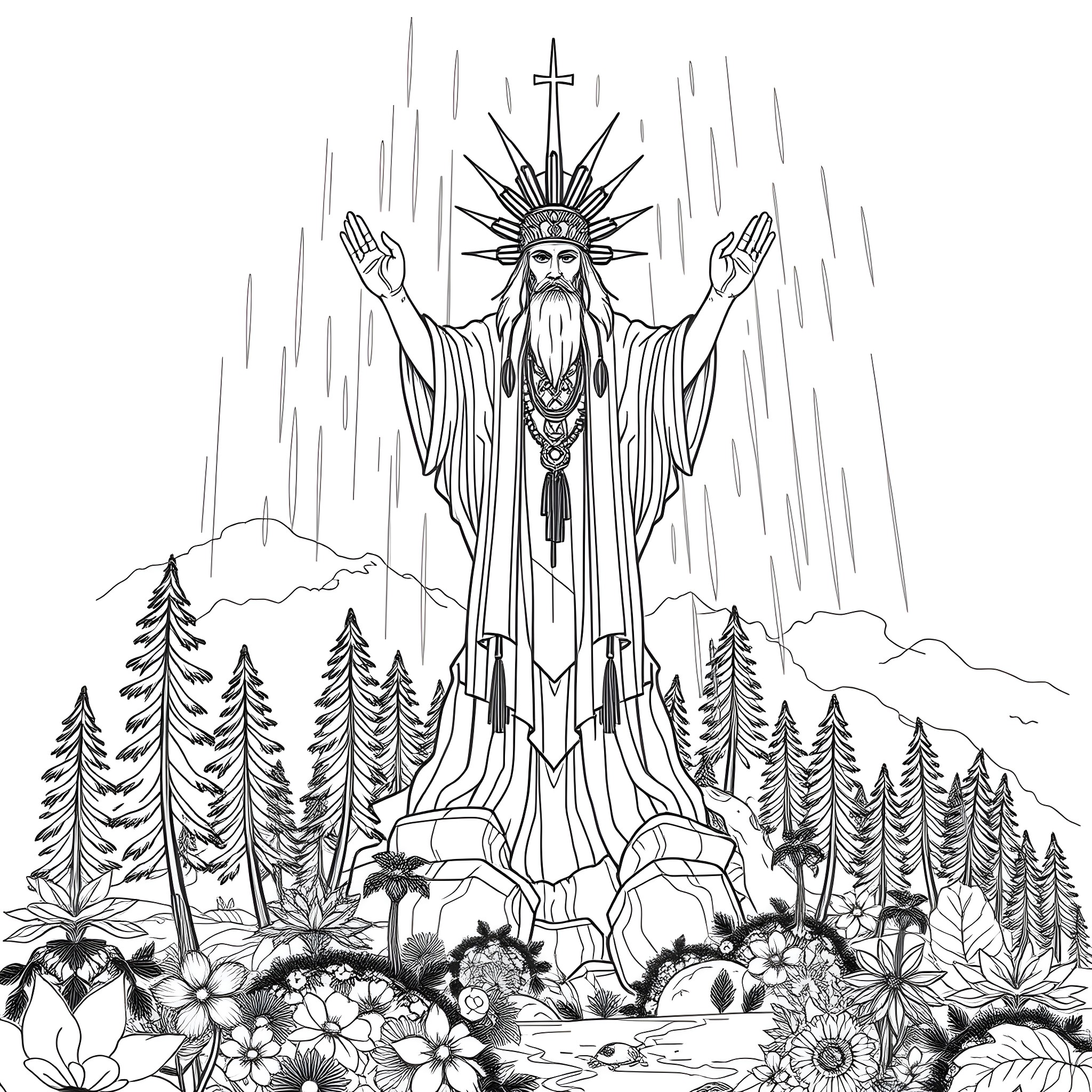 Spirit of nature's divine radiance in the wilderness Coloring Page (free black-and-white line drawing printable PDF for all, from beginners to advanced learners, including children, teens, adults, and seniors)