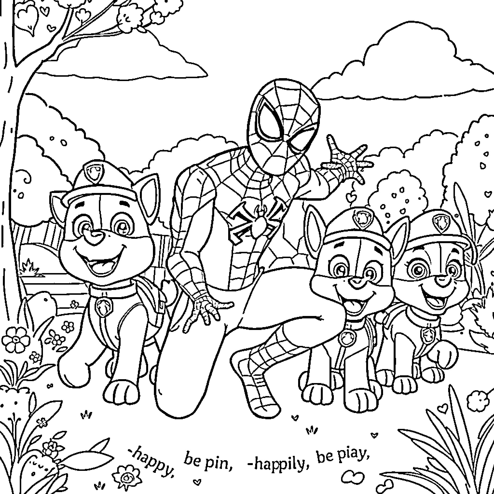 Spiderman saves the day with Paw Patrol pups Coloring Page (free black-and-white line drawing printable PDF for all, from beginners to advanced learners, including children, teens, adults, and seniors)