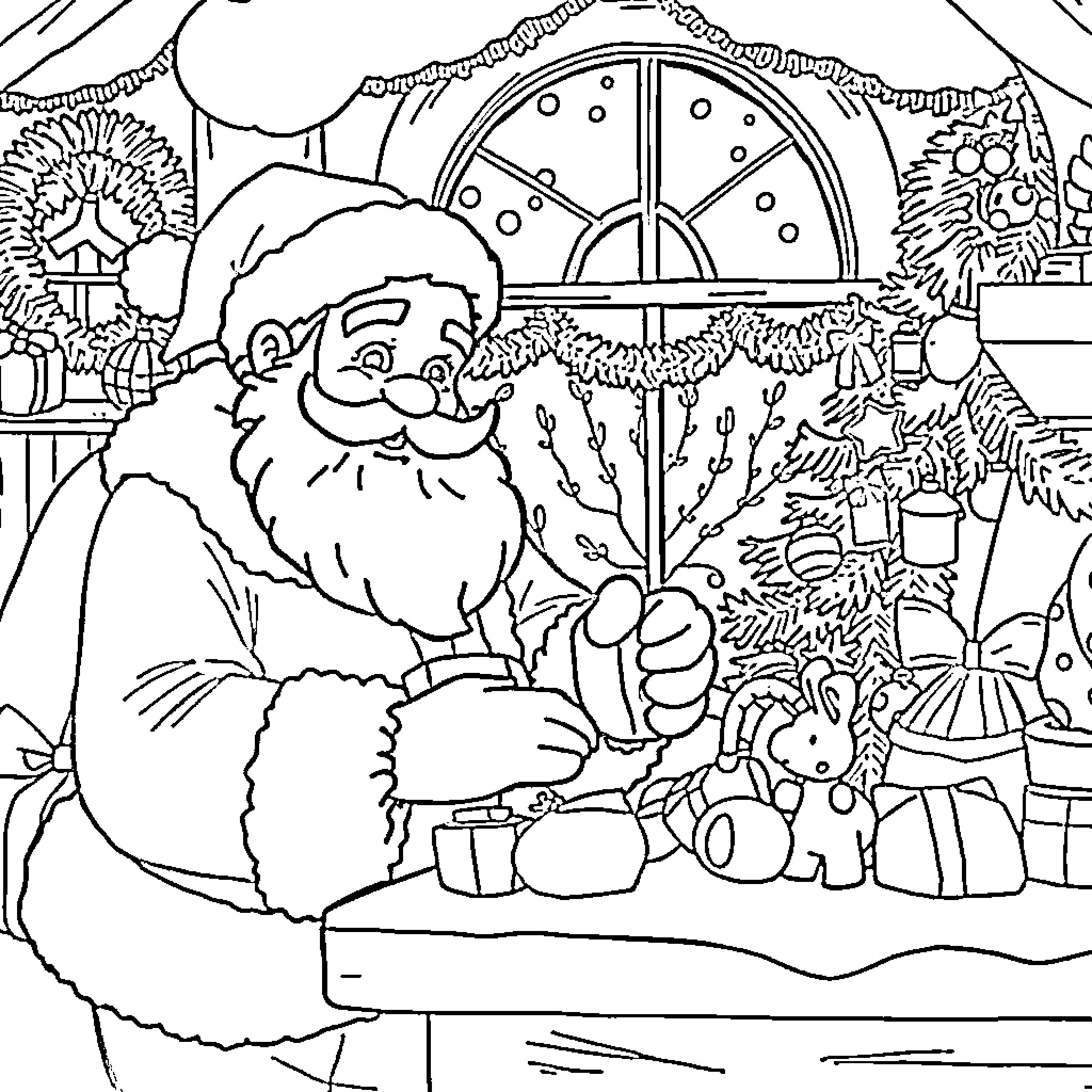 Santa's Festive Preparations in a Winter Wonderland Coloring Page (free black-and-white line drawing printable PDF for all, from beginners to advanced learners, including children, teens, adults, and seniors)