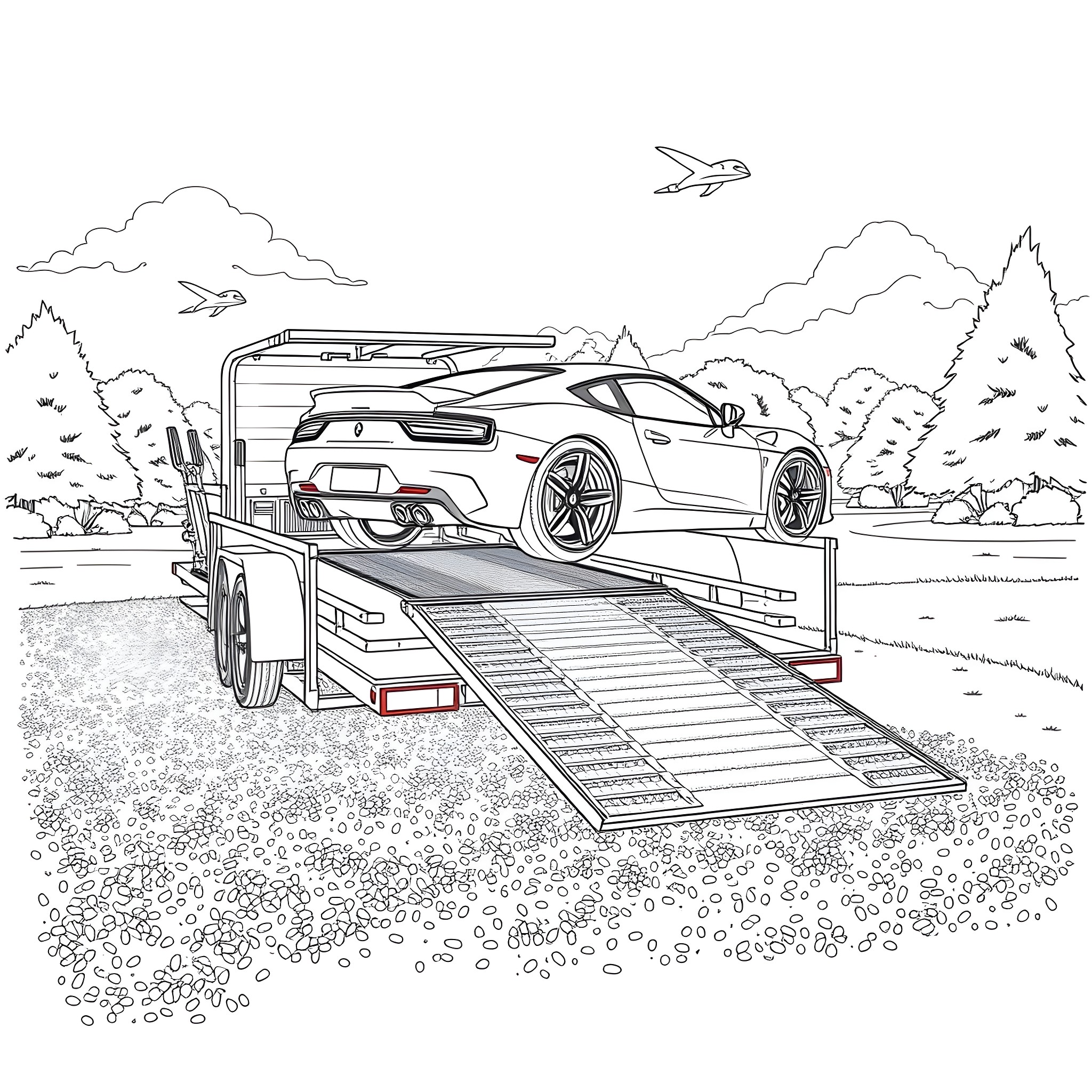 Car Trailer Transporting Luxury Sports Car in Scenic Landscape Coloring Page (free black-and-white line drawing printable PDF for all, from beginners to advanced learners, including children, teens, adults, and seniors)