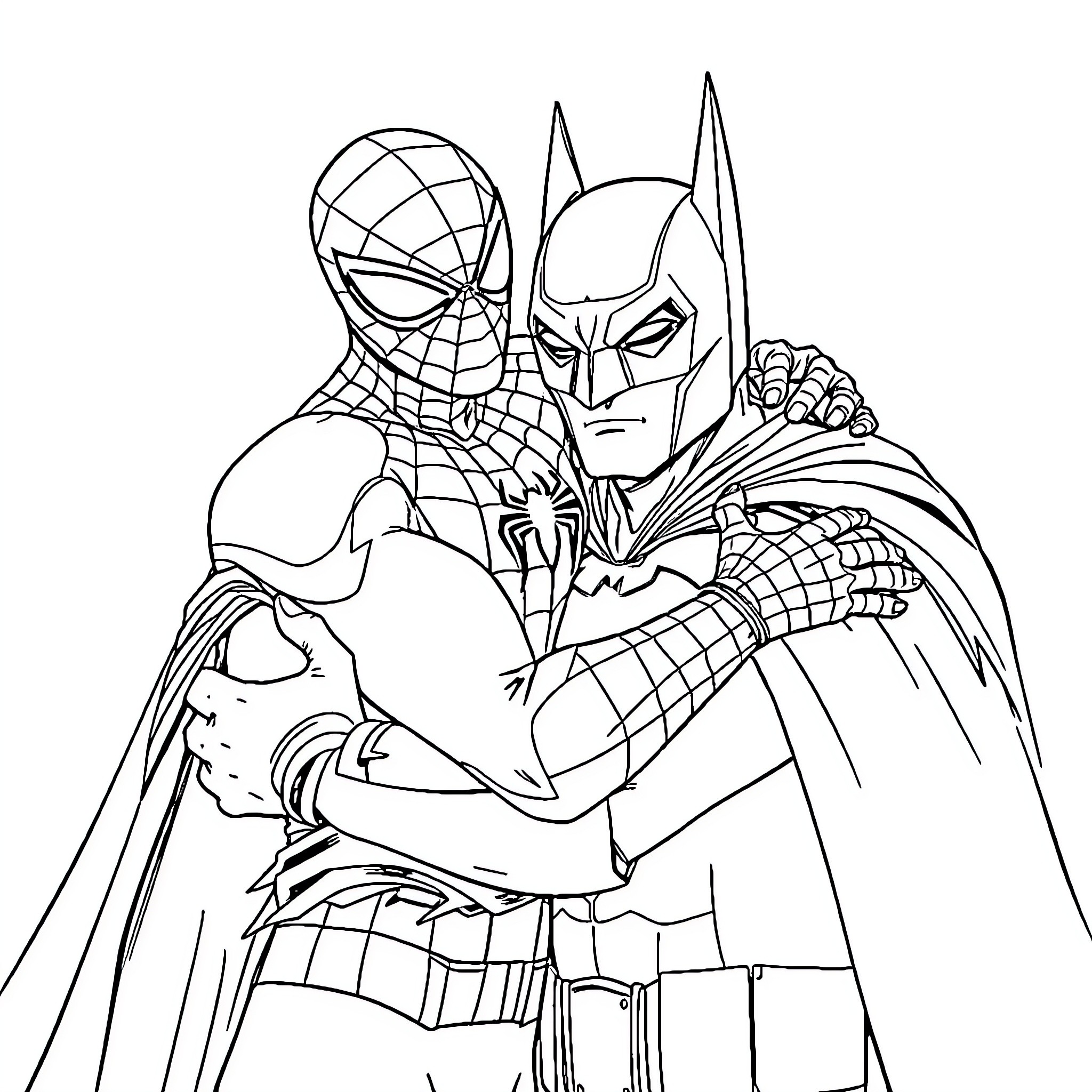 Spiderman and Batman in heroic stance Coloring Page (free black-and-white line drawing printable PDF for all, from beginners to advanced learners, including children, teens, adults, and seniors)
