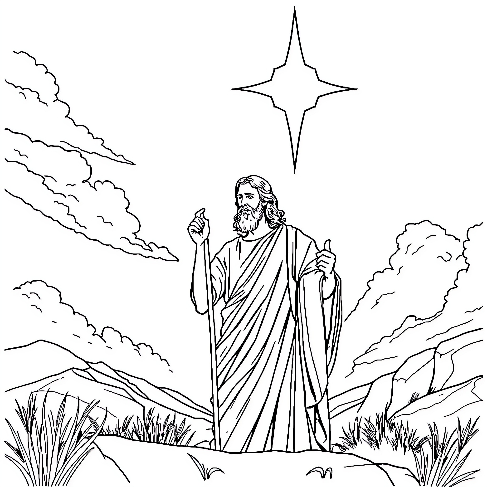 Jesus standing in a landscape with a shining star Coloring Page (free black-and-white line drawing printable PDF for all, from beginners to advanced learners, including children, teens, adults, and seniors)