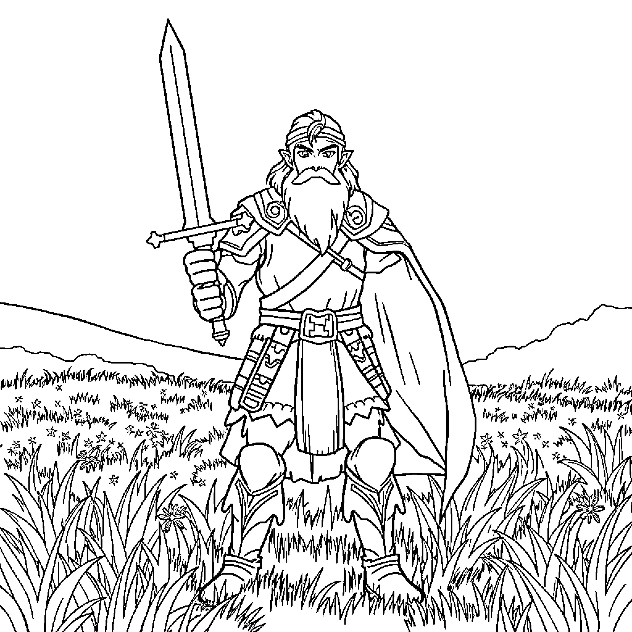 Hundrix the Warrior Wielding Sword in Grassy Field Coloring Page (free black-and-white line drawing printable PDF for all, from beginners to advanced learners, including children, teens, adults, and seniors)