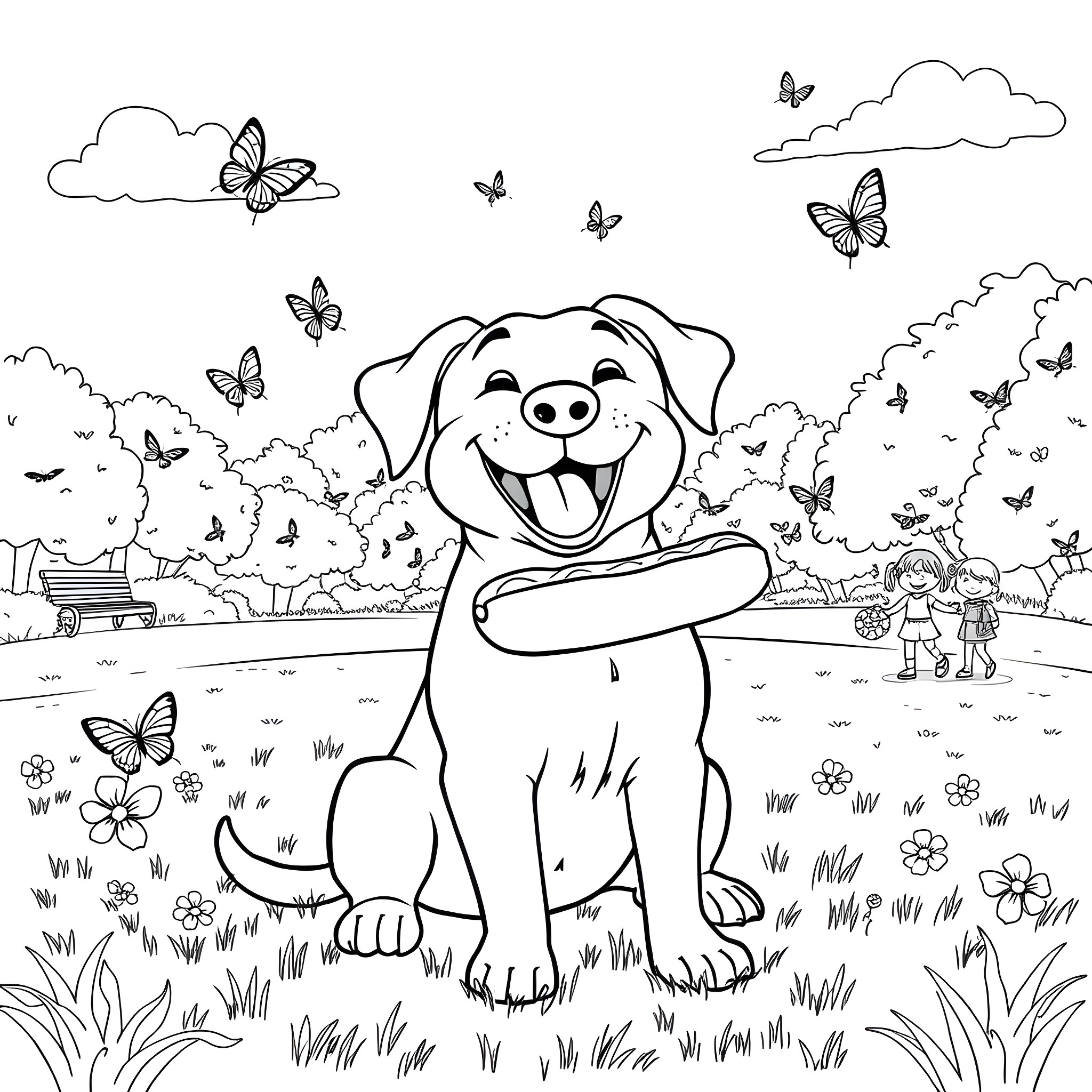 Dog playing happily in a park with butterflies Coloring Page (free black-and-white line drawing printable PDF for all, from beginners to advanced learners, including children, teens, adults, and seniors)