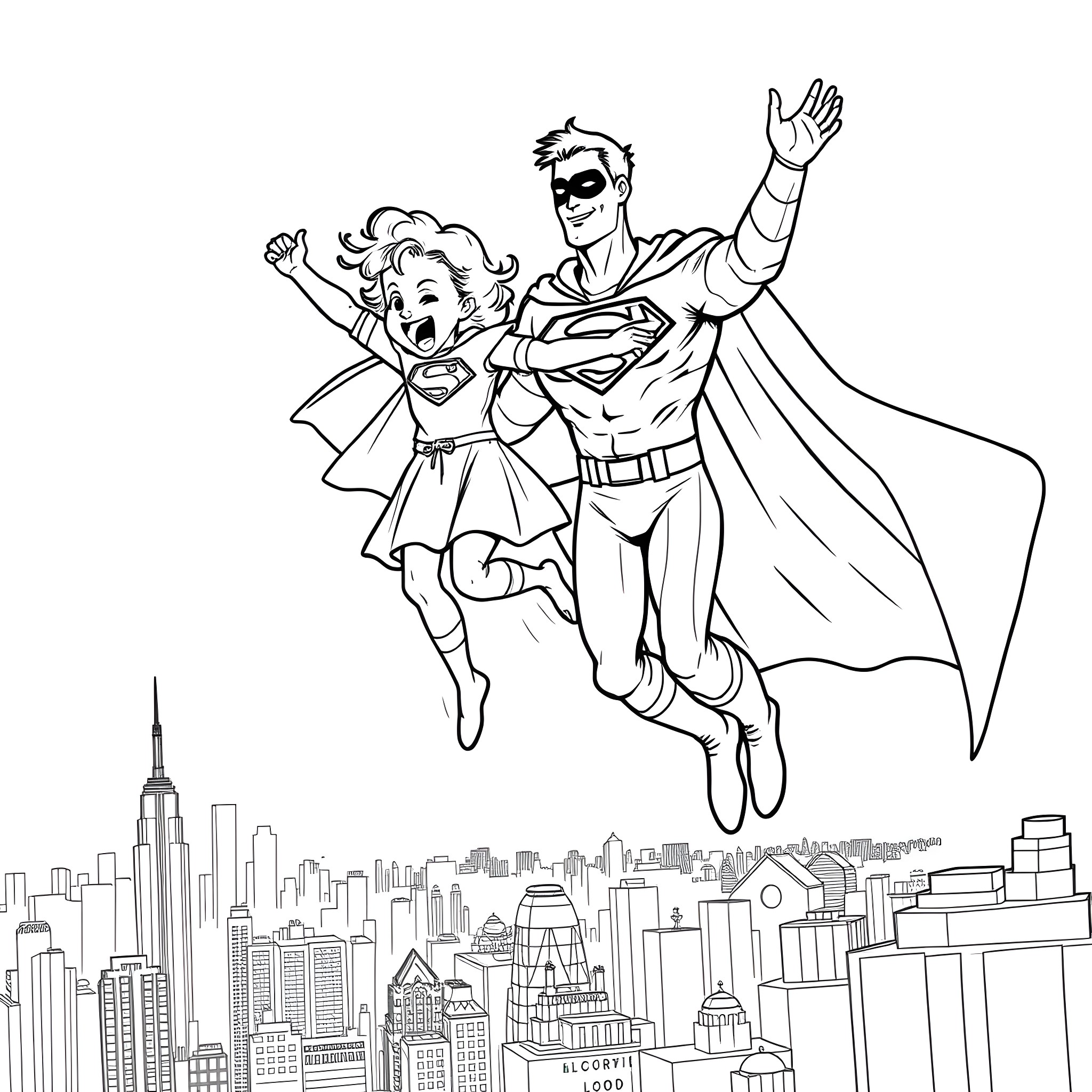 Superman and sidekick soaring over city skyline Coloring Page (free black-and-white line drawing printable PDF for all, from beginners to advanced learners, including children, teens, adults, and seniors)