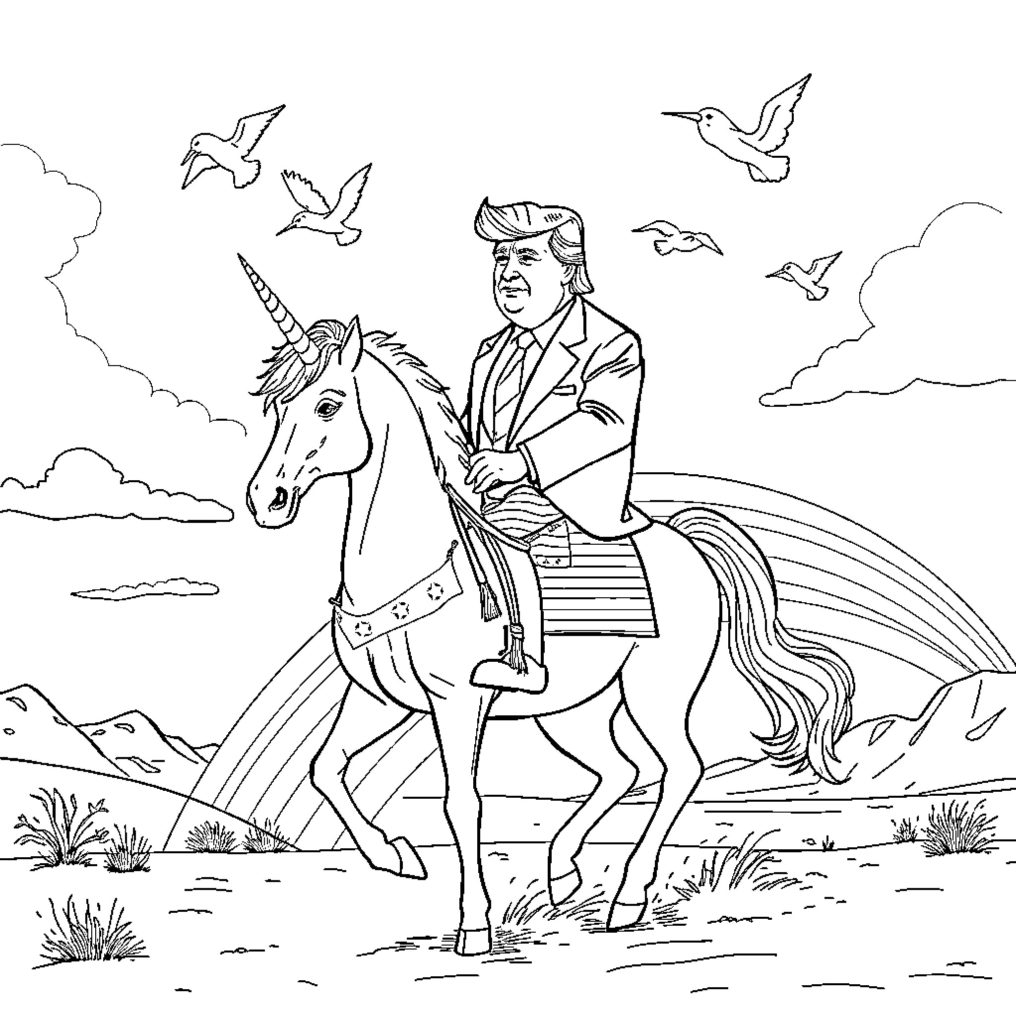 Donald Trump riding a unicorn in a fantasy landscape Coloring Page (free black-and-white line drawing printable PDF for all, from beginners to advanced learners, including children, teens, adults, and seniors)