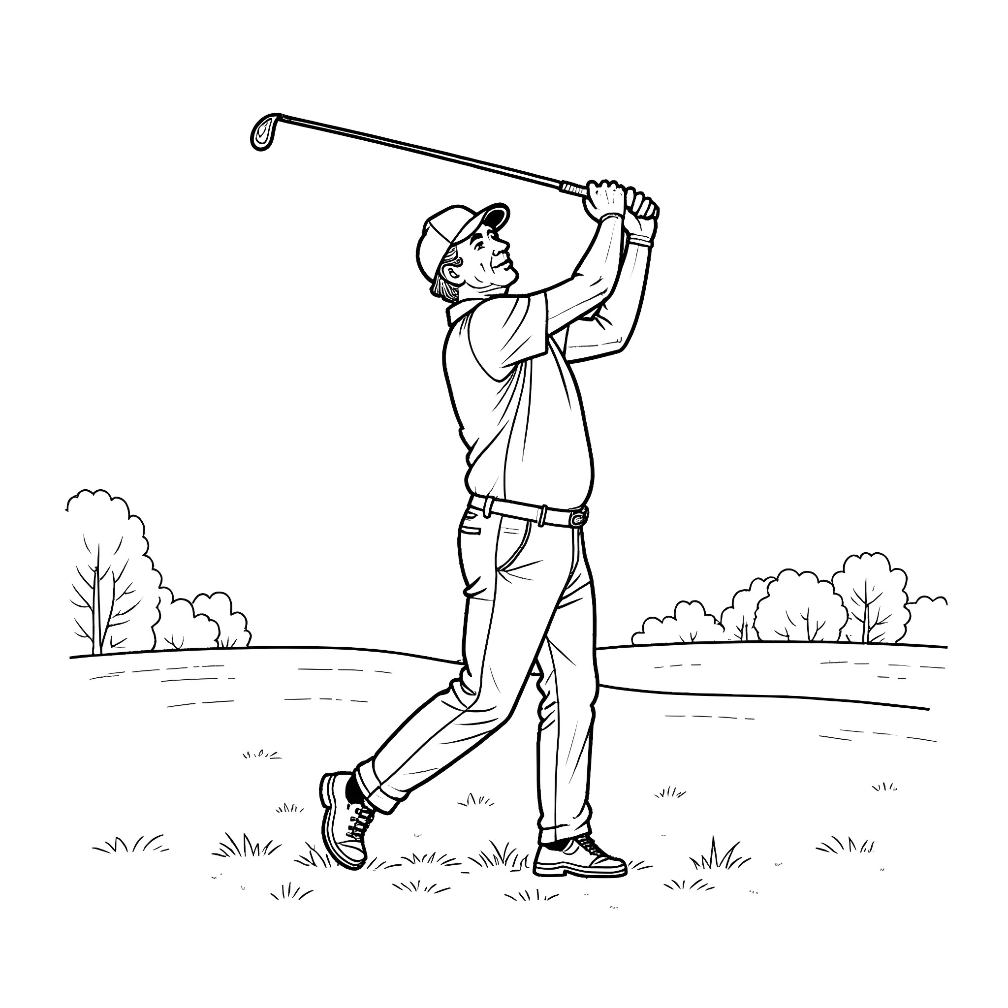 Financial Planner Golfer Swings Club in Scenic Landscape Coloring Page (free black-and-white line drawing printable PDF for all, from beginners to advanced learners, including children, teens, adults, and seniors)