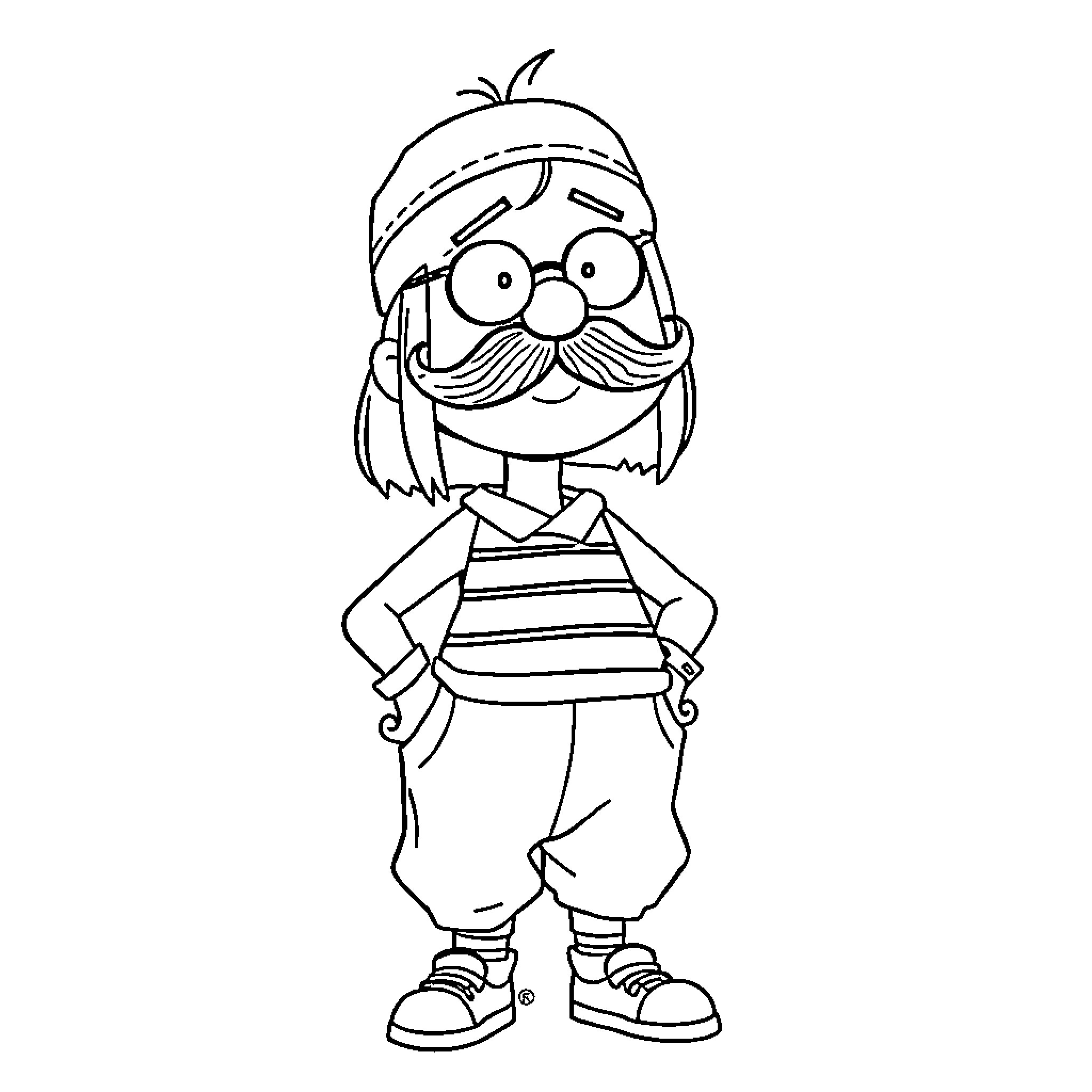 Tina the Playful Cartoon Character Coloring Page (free black-and-white line drawing printable PDF for all, from beginners to advanced learners, including children, teens, adults, and seniors)