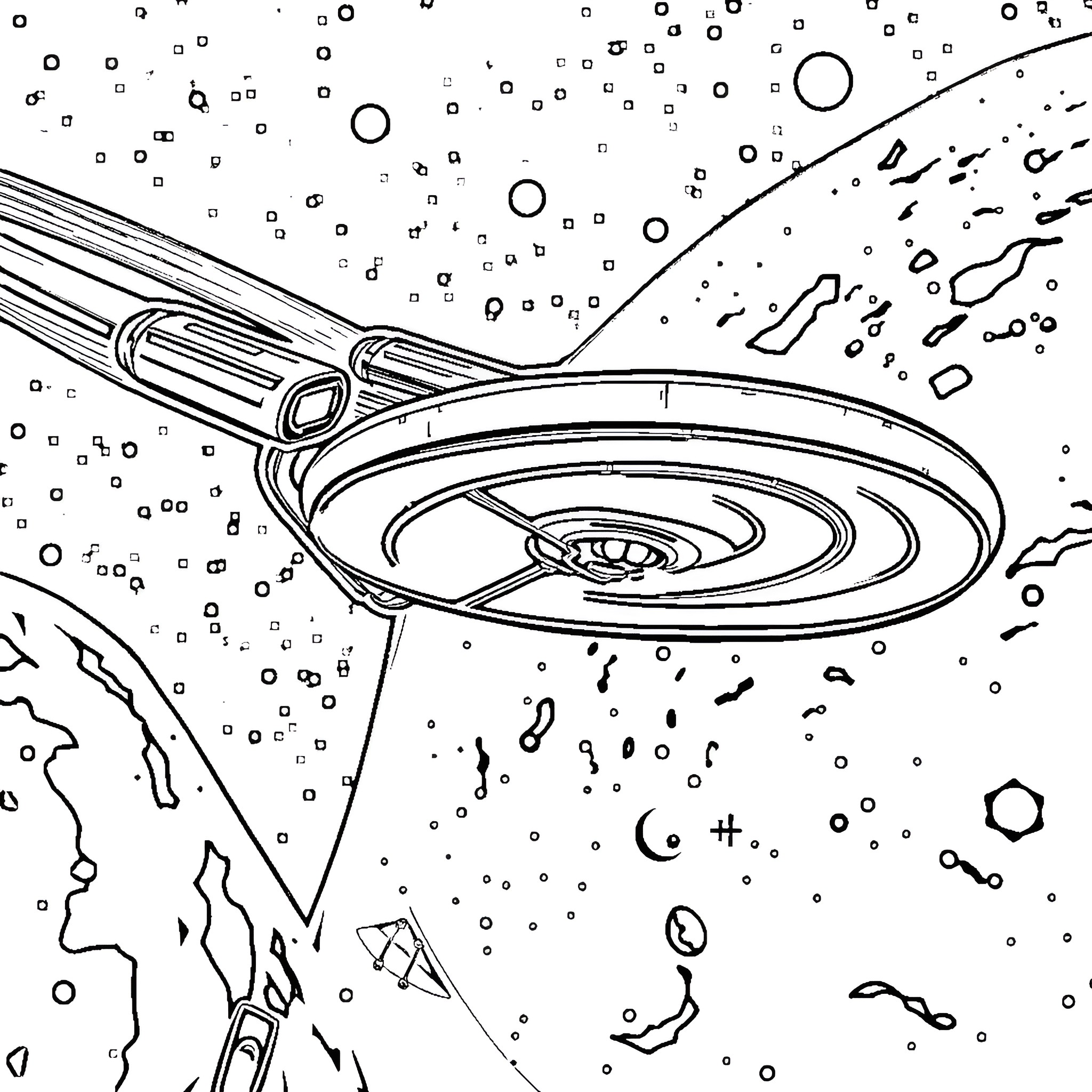 Starship navigating through cosmic debris Coloring Page (free black-and-white line drawing printable PDF for all, from beginners to advanced learners, including children, teens, adults, and seniors)