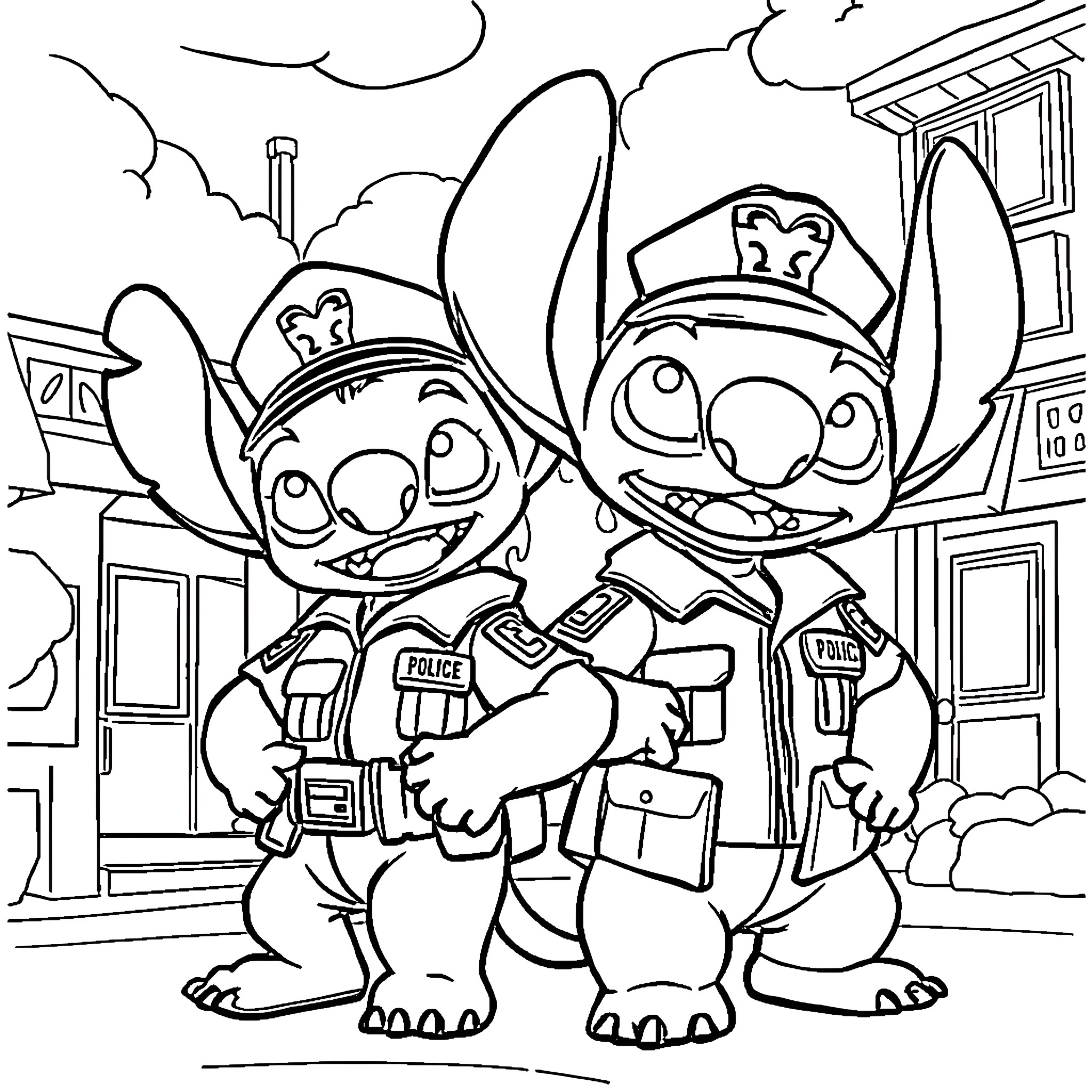 Lilo And Stitch as Police Officers in Action Coloring Page (free black-and-white line drawing printable PDF for all, from beginners to advanced learners, including children, teens, adults, and seniors)