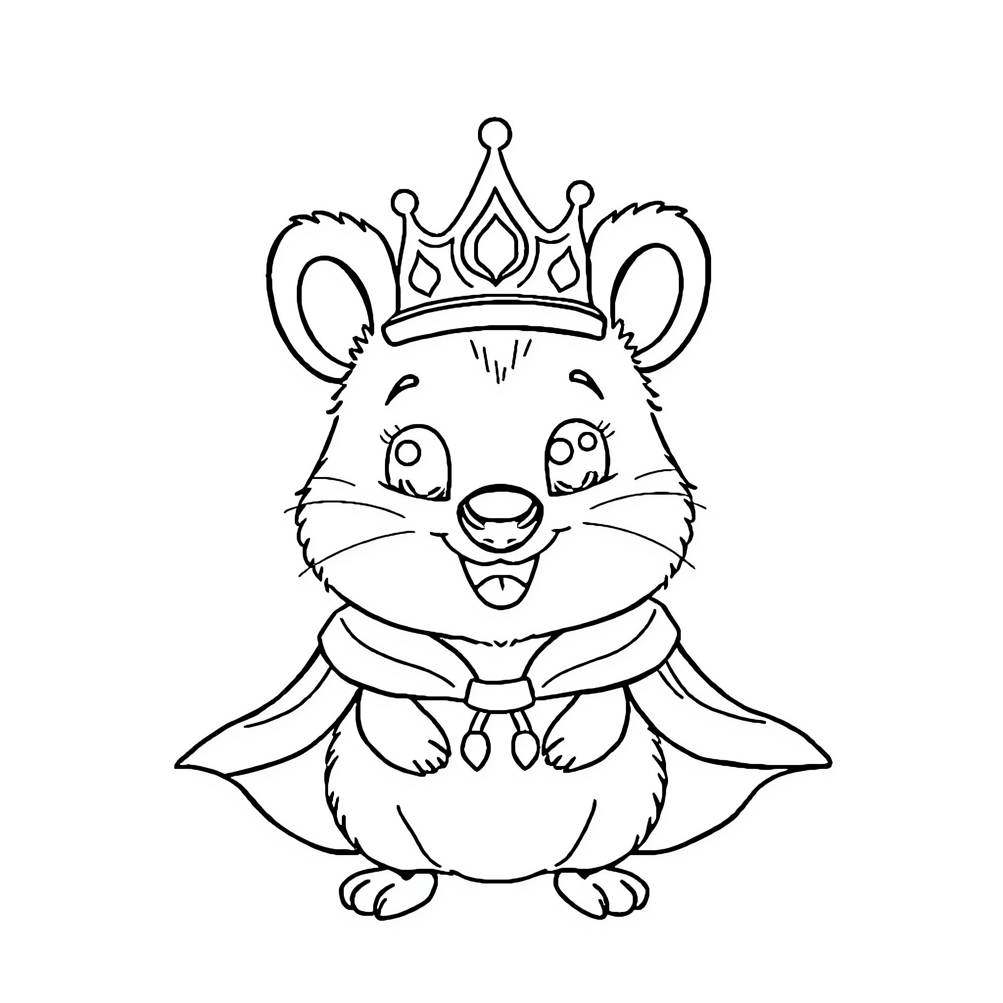Quokka wearing a crown and cape Coloring Page (free black-and-white line drawing printable PDF for all, from beginners to advanced learners, including children, teens, adults, and seniors)