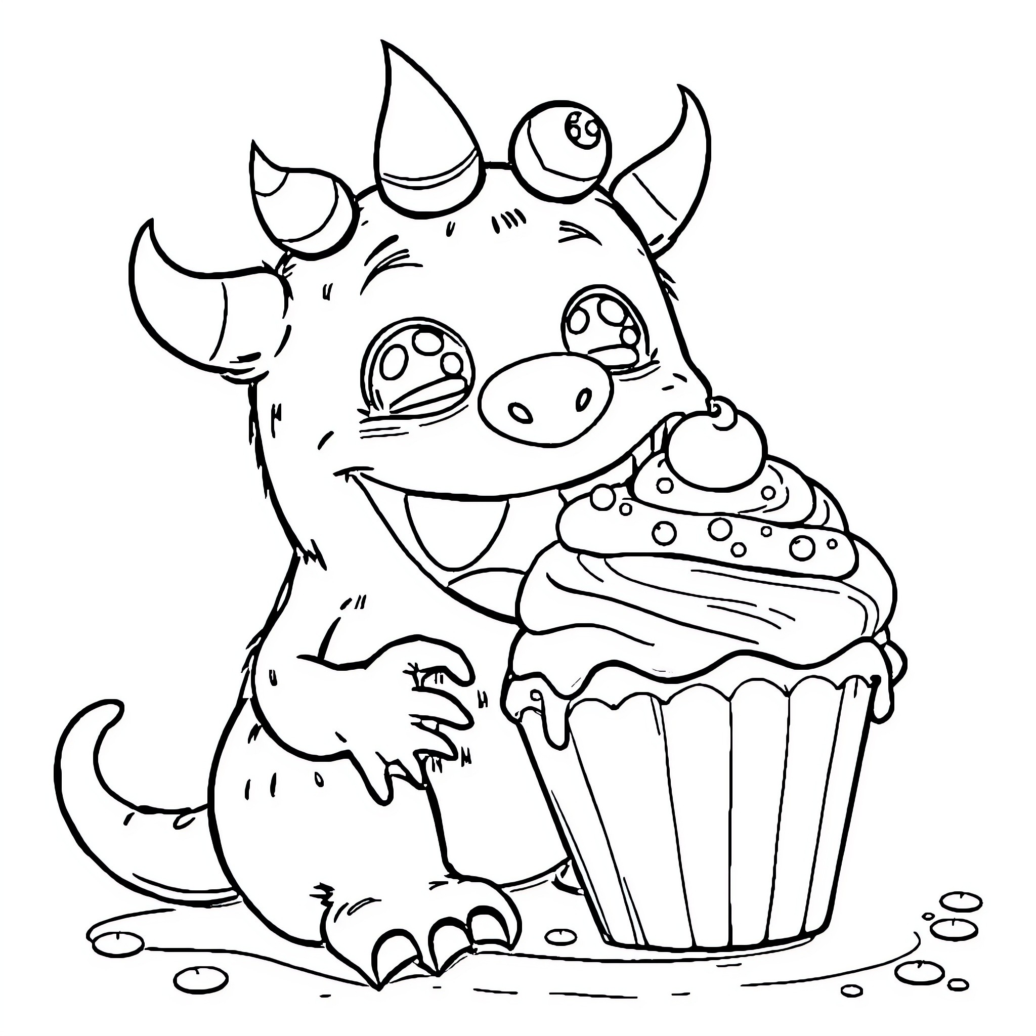 Monster enjoying a delicious cupcake Coloring Page (free black-and-white line drawing printable PDF for all, from beginners to advanced learners, including children, teens, adults, and seniors)