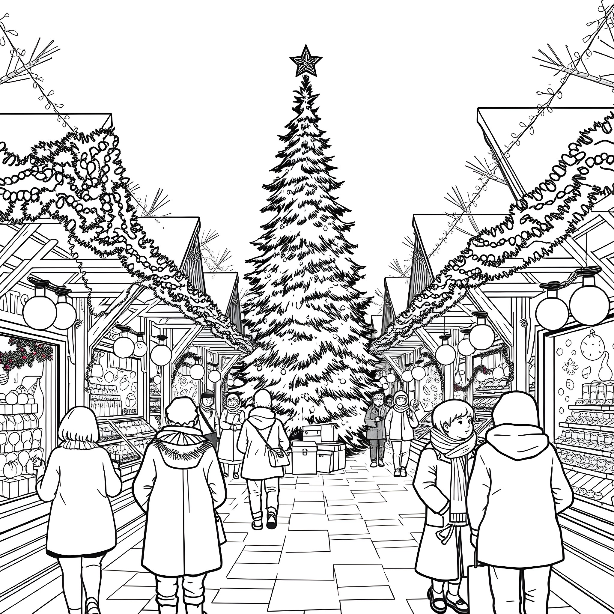 Market Scene with Snowy Christmas Tree and Shoppers Coloring Page (free black-and-white line drawing printable PDF for all, from beginners to advanced learners, including children, teens, adults, and seniors)