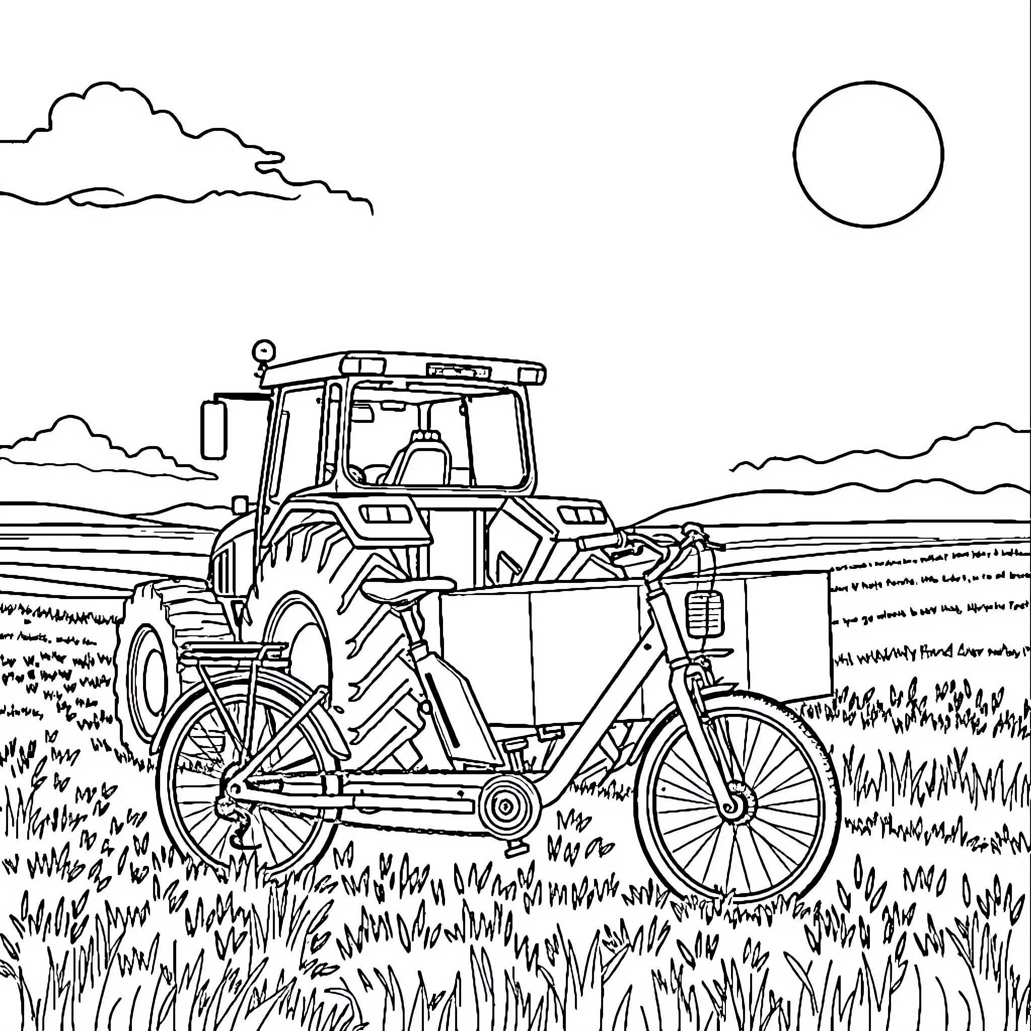 Cargobike parked in rural landscape Coloring Page (free black-and-white line drawing printable PDF for all, from beginners to advanced learners, including children, teens, adults, and seniors)