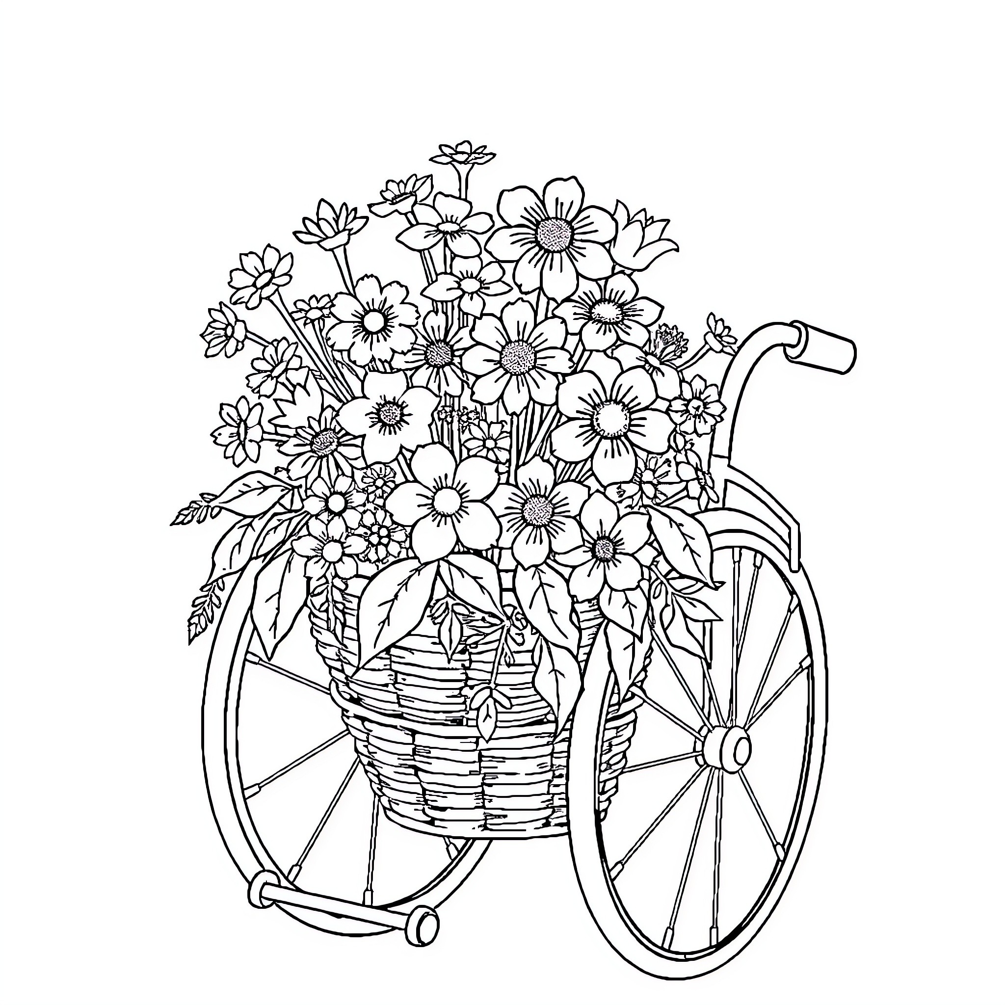 Flower Bouquet on Antique Bicycle Coloring Page (free black-and-white line drawing printable PDF for all, from beginners to advanced learners, including children, teens, adults, and seniors)