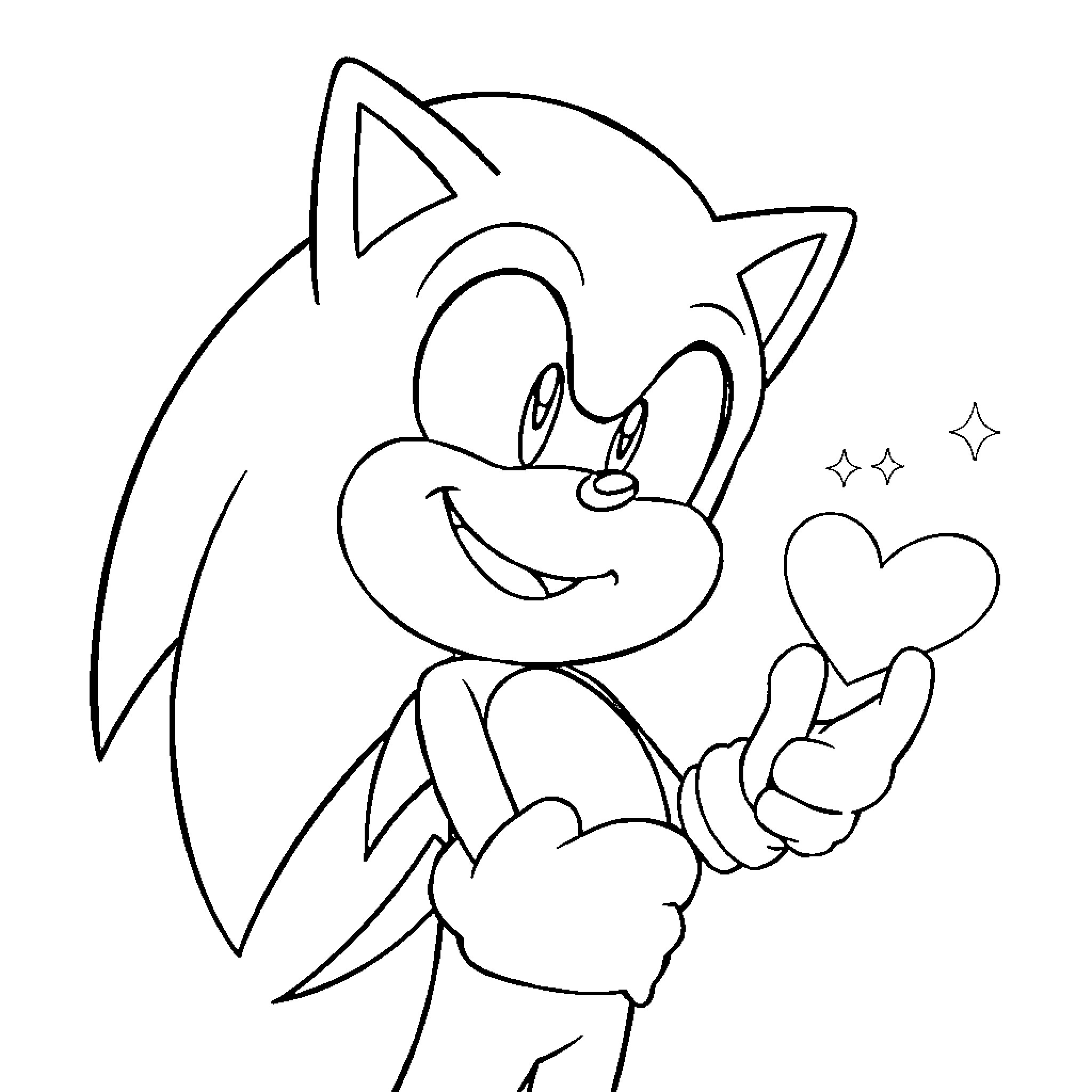 Sonic character presenting happy heart gesture Coloring Page (free black-and-white line drawing printable PDF for all, from beginners to advanced learners, including children, teens, adults, and seniors)