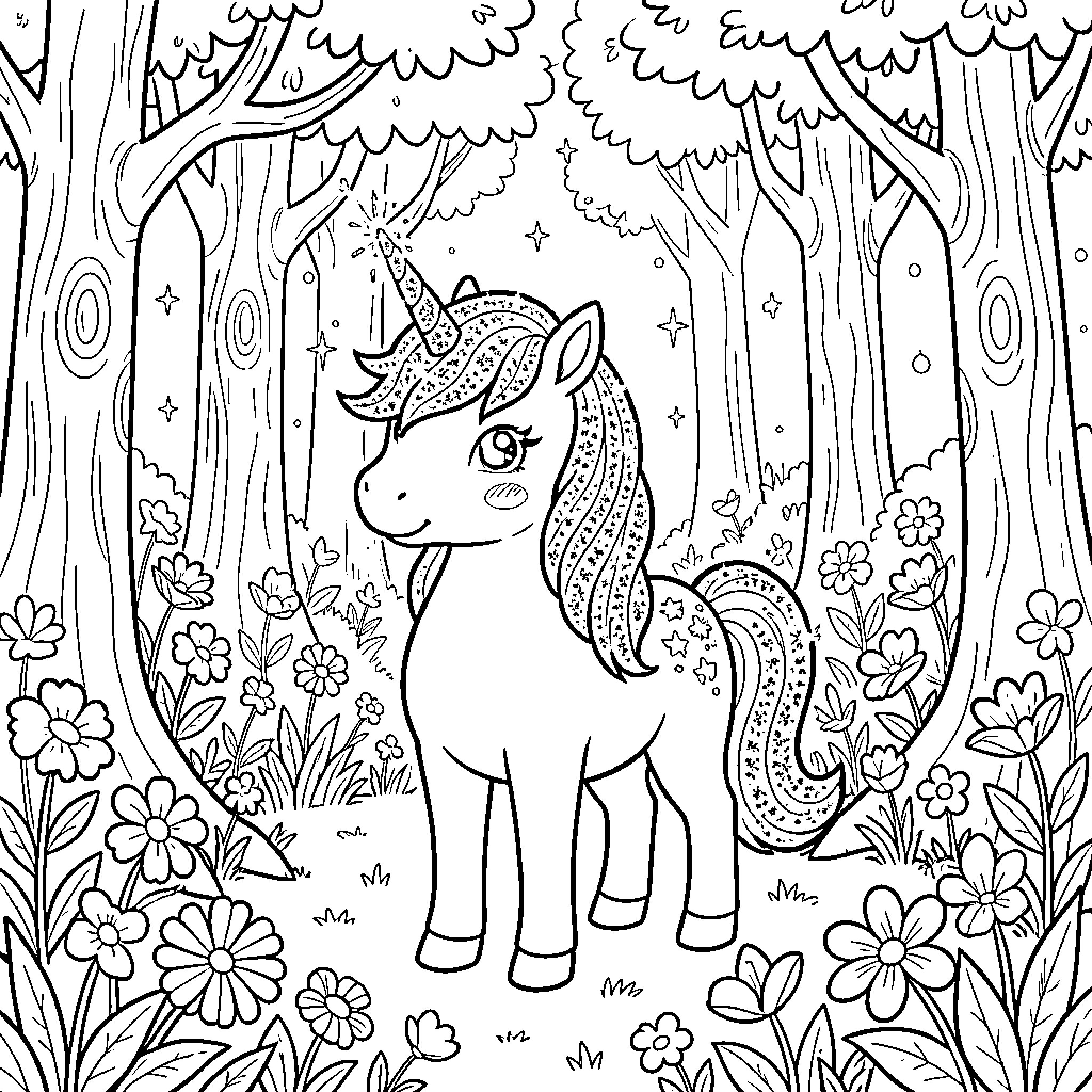 Unicorn in a magical forest surrounded by flowers Coloring Page (free black-and-white line drawing printable PDF for all, from beginners to advanced learners, including children, teens, adults, and seniors)