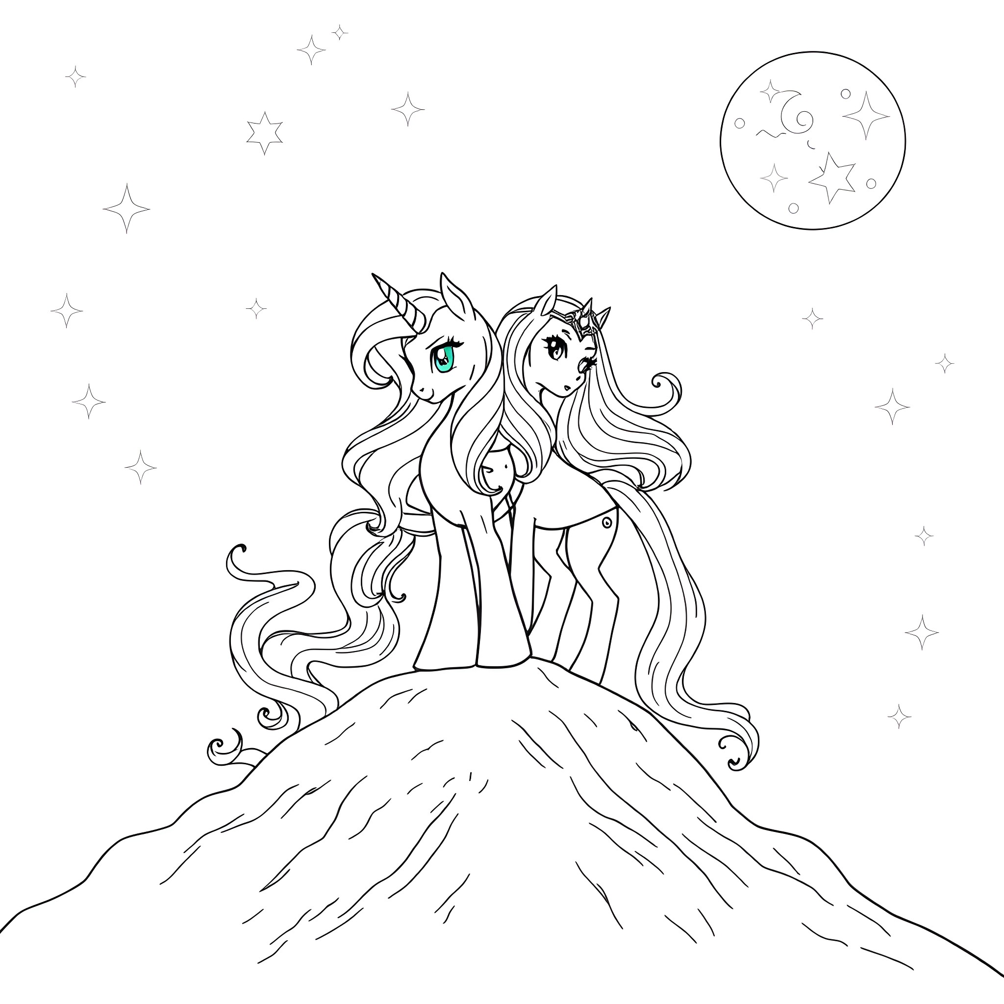 Princess Unicorns Admiring the Starry Night Sky Coloring Page (free black-and-white line drawing printable PDF for all, from beginners to advanced learners, including children, teens, adults, and seniors)