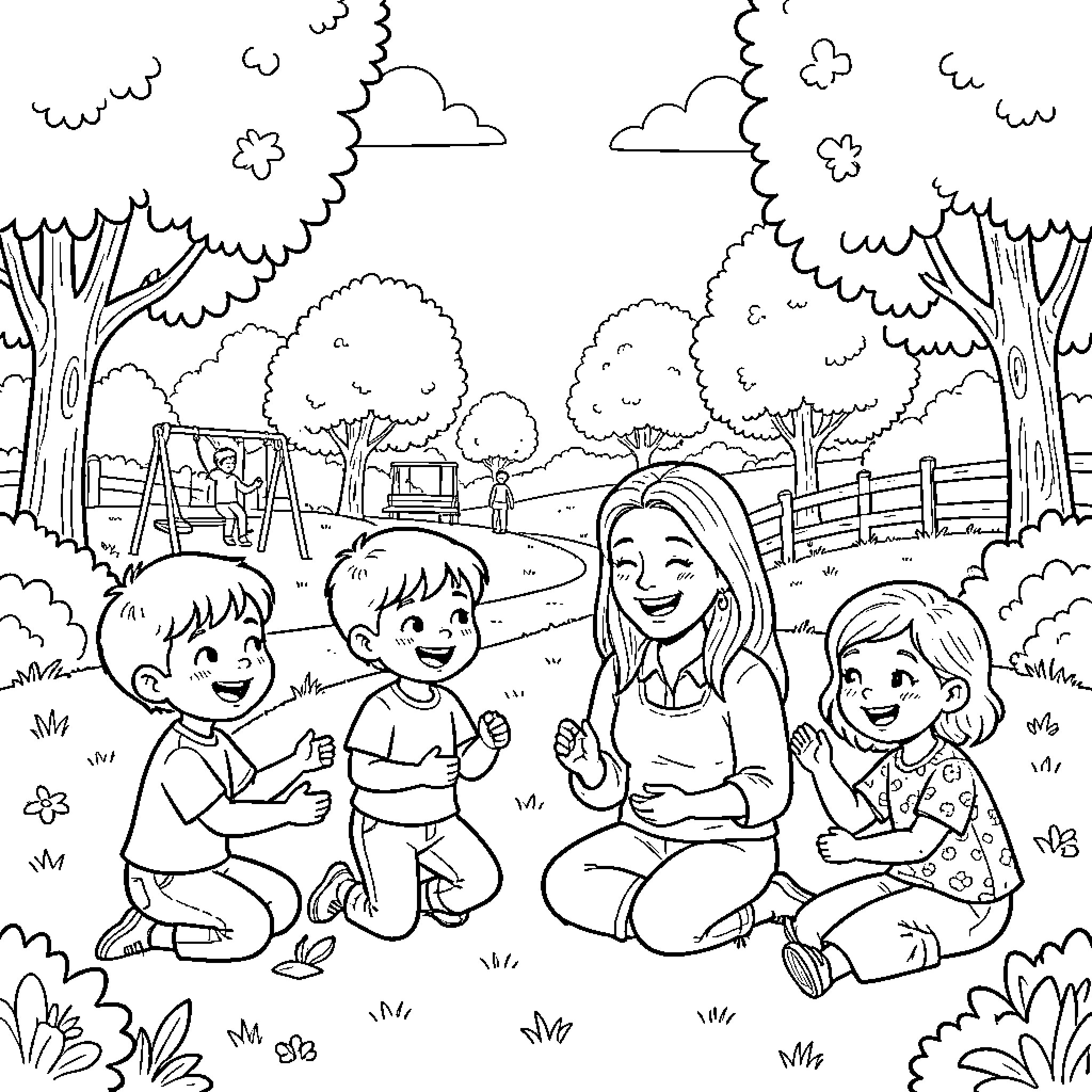 Children playing happily in the park Coloring Page (free black-and-white line drawing printable PDF for all, from beginners to advanced learners, including children, teens, adults, and seniors)