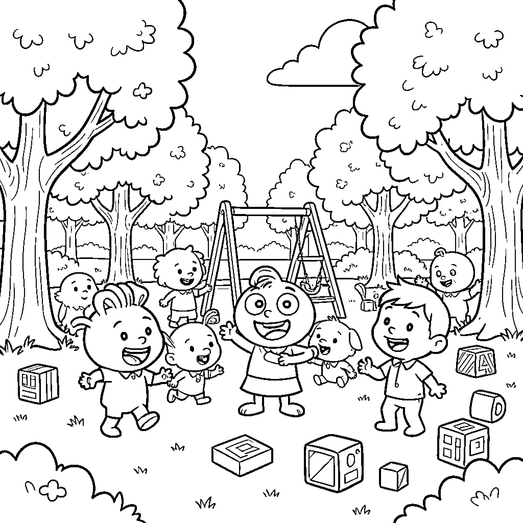 Pocoyo and Friends Playing in the Park Coloring Page (free black-and-white line drawing printable PDF for all, from beginners to advanced learners, including children, teens, adults, and seniors)