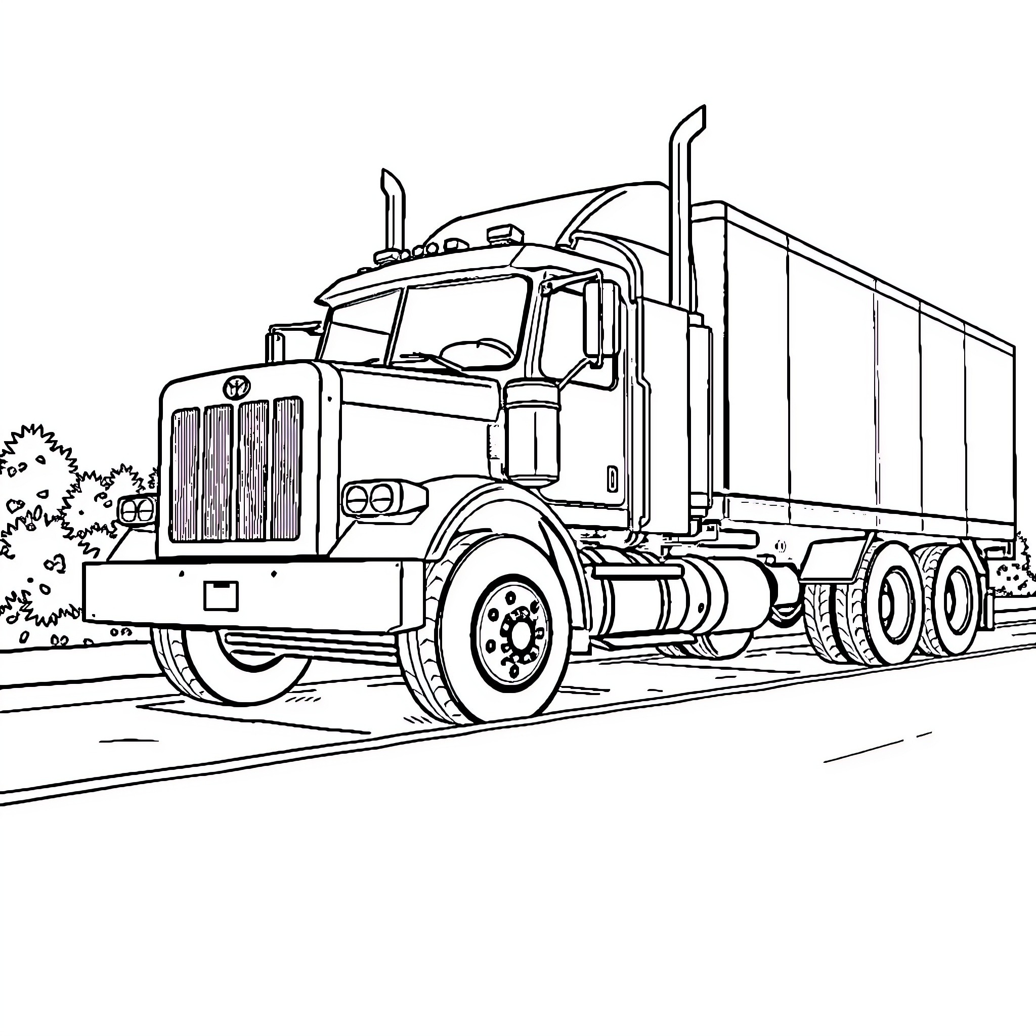 Truck transporting goods down the road Coloring Page (free black-and-white line drawing printable PDF for all, from beginners to advanced learners, including children, teens, adults, and seniors)