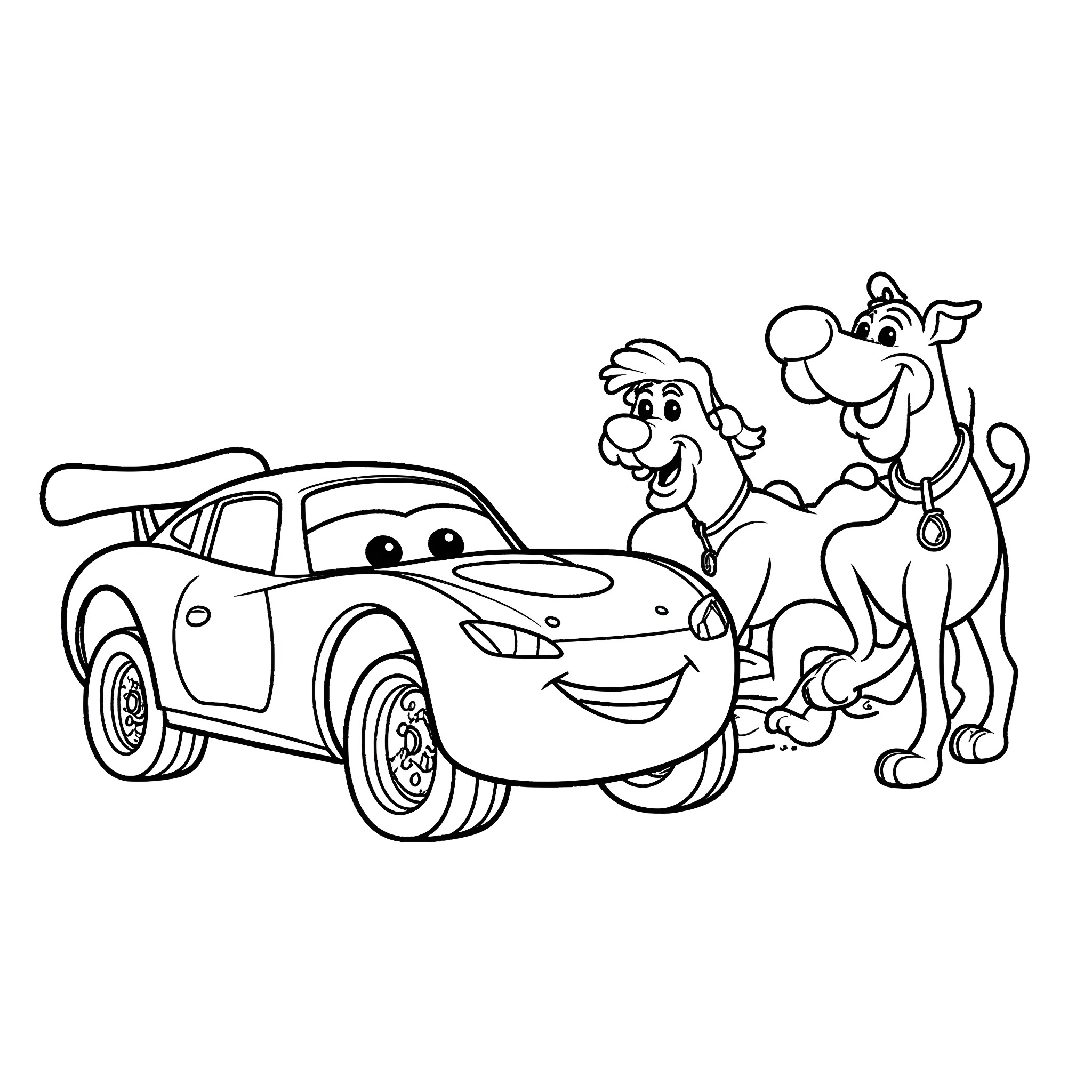 Lightning McQueen and Mater's Silly Antics Coloring Page (free black-and-white line drawing printable PDF for all, from beginners to advanced learners, including children, teens, adults, and seniors)
