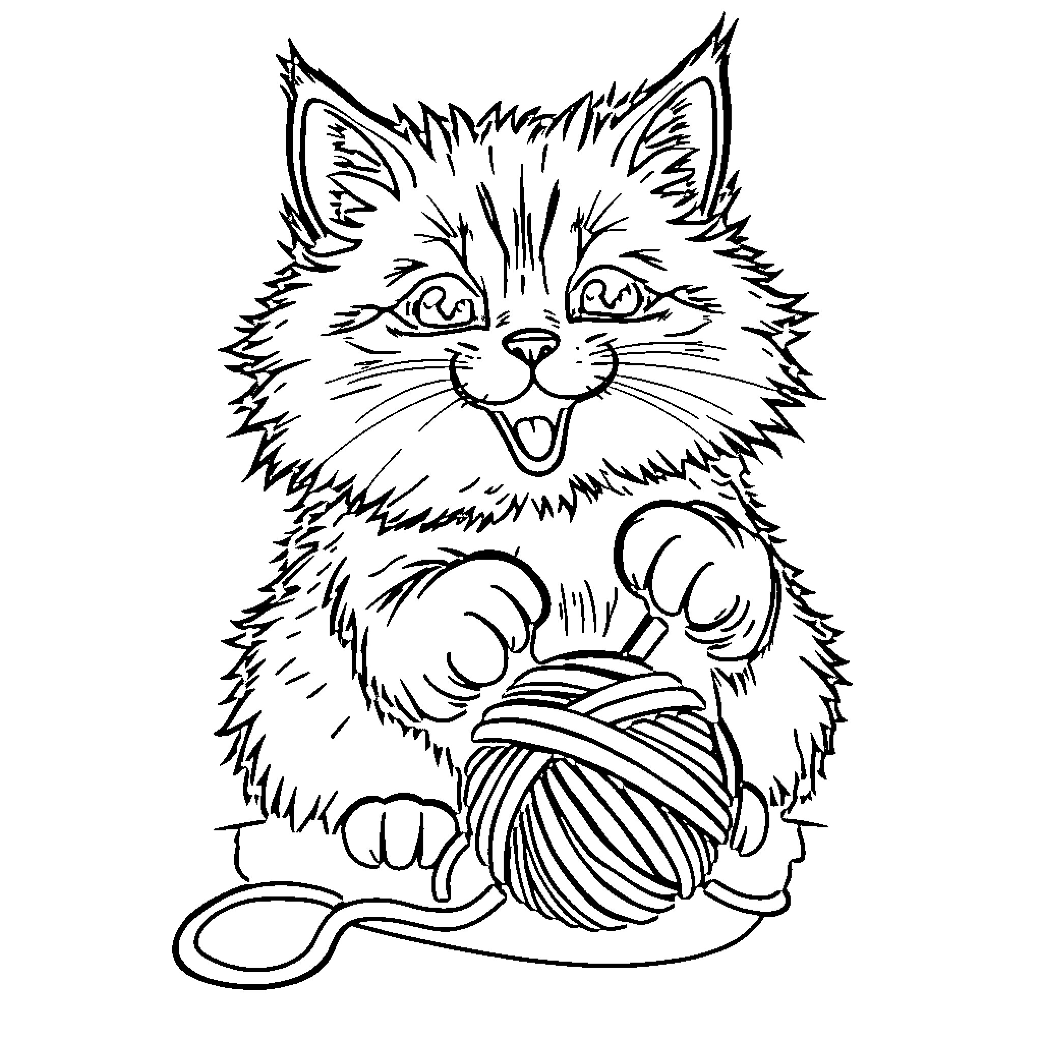 Cat playing with yarn ball Coloring Page (free black-and-white line drawing printable PDF for all, from beginners to advanced learners, including children, teens, adults, and seniors)