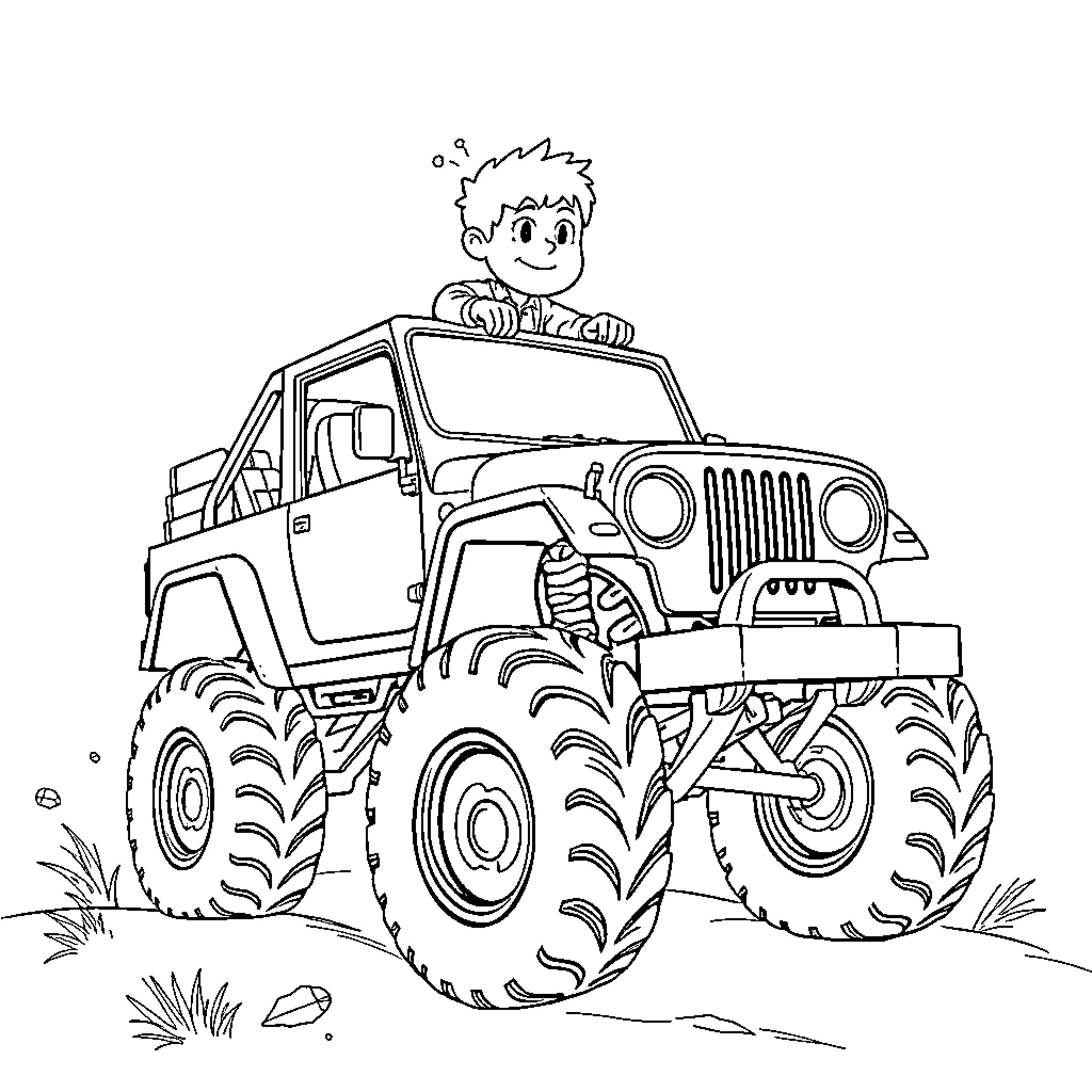 Rover driving a monster truck on an adventure Coloring Page (free black-and-white line drawing printable PDF for all, from beginners to advanced learners, including children, teens, adults, and seniors)
