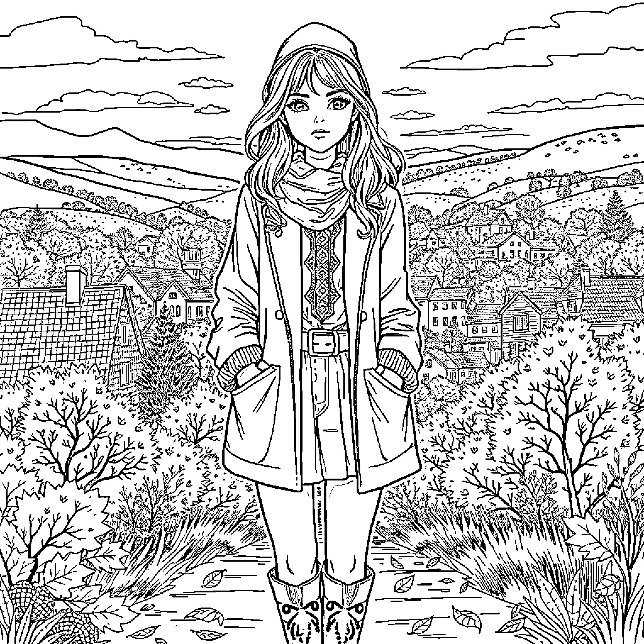 Girl in Autumn Landscape with Cozy Outfit Coloring Page (free black-and-white line drawing printable PDF for all, from beginners to advanced learners, including children, teens, adults, and seniors)