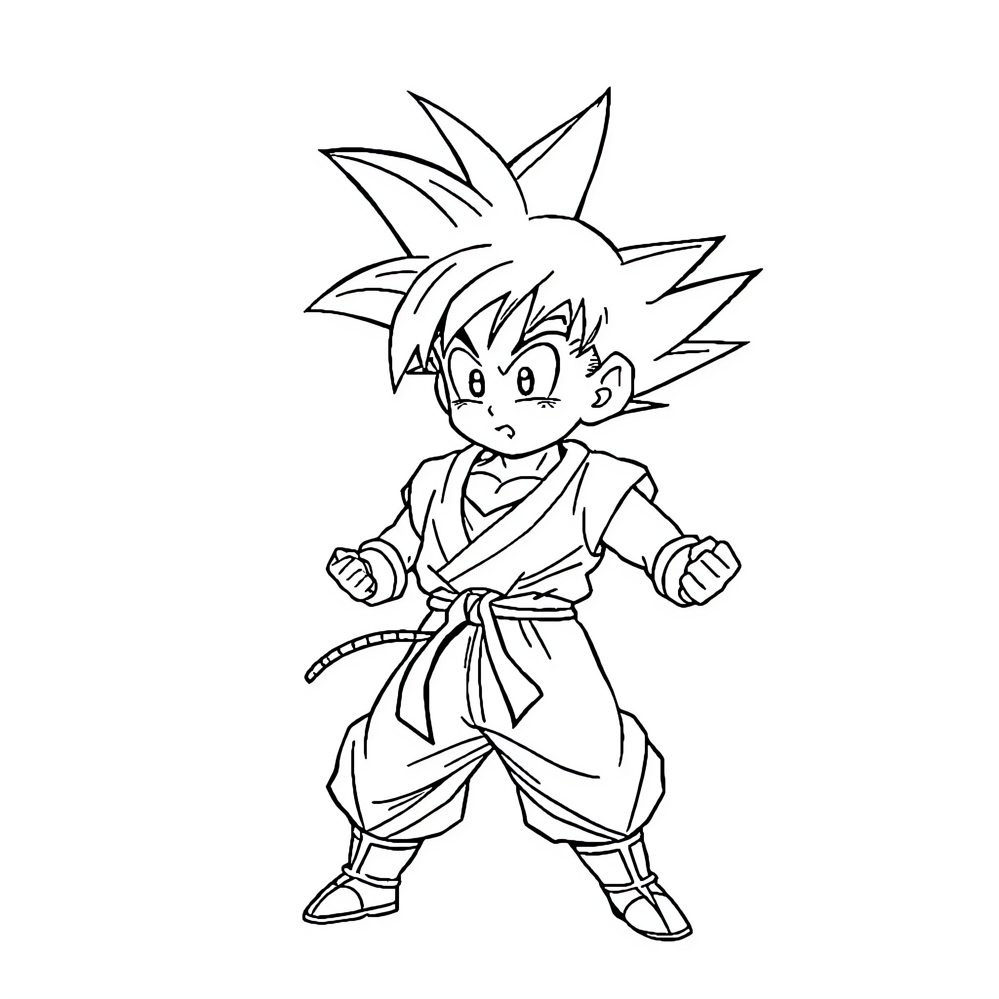Son Goku in fighting stance Coloring Page (free black-and-white line drawing printable PDF for all, from beginners to advanced learners, including children, teens, adults, and seniors)