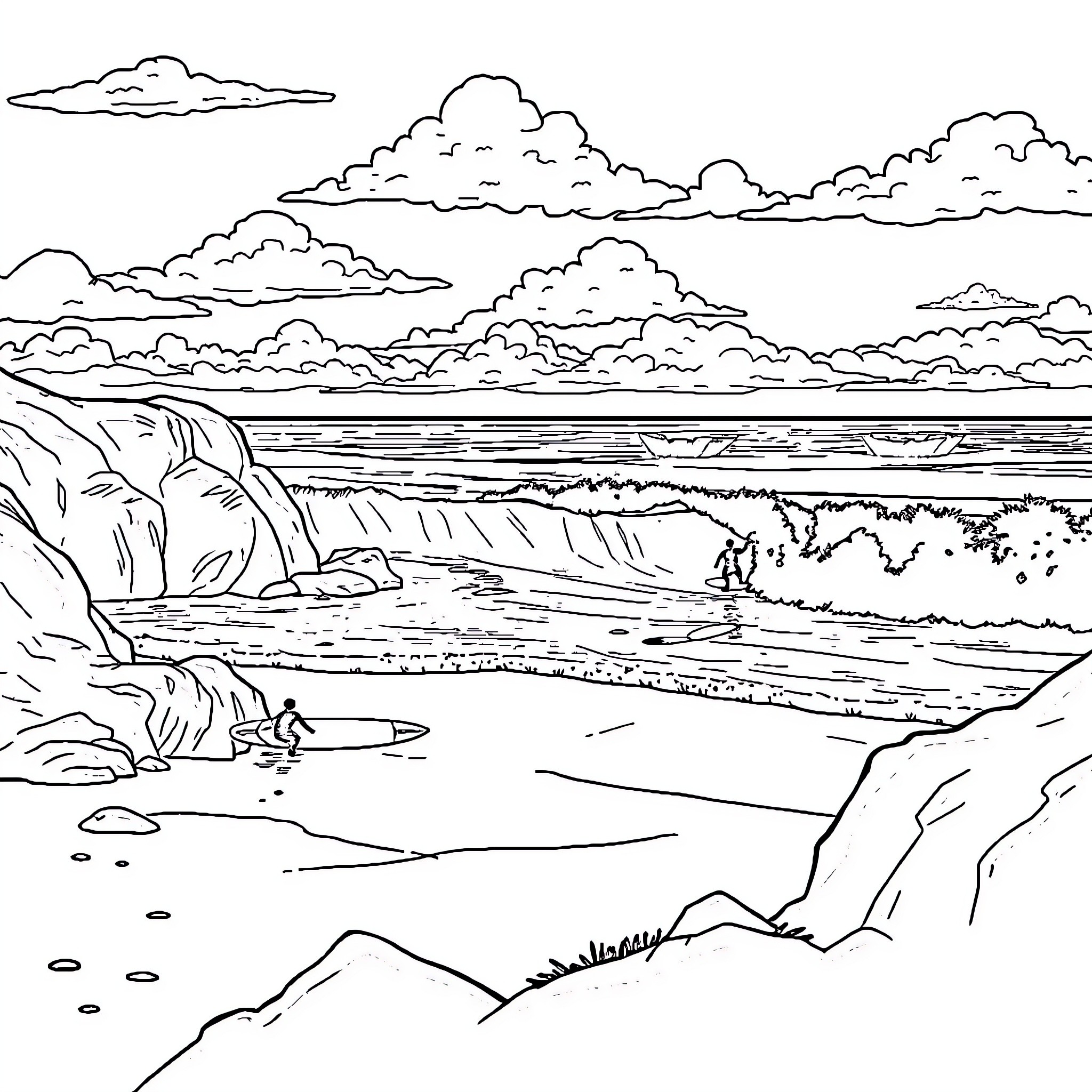 Surfing the Serene Coastal Waves Coloring Page (free black-and-white line drawing printable PDF for all, from beginners to advanced learners, including children, teens, adults, and seniors)