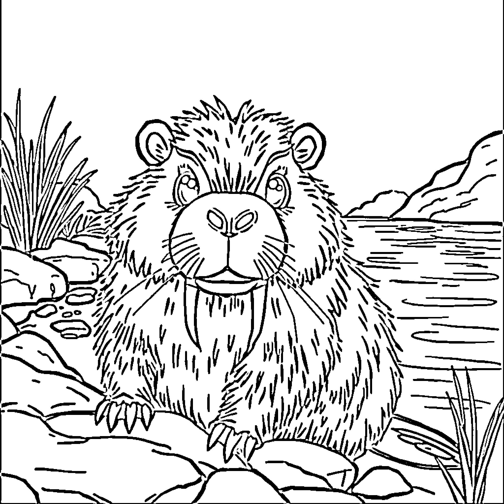 Capybara relaxing by the river Coloring Page (free black-and-white line drawing printable PDF for all, from beginners to advanced learners, including children, teens, adults, and seniors)