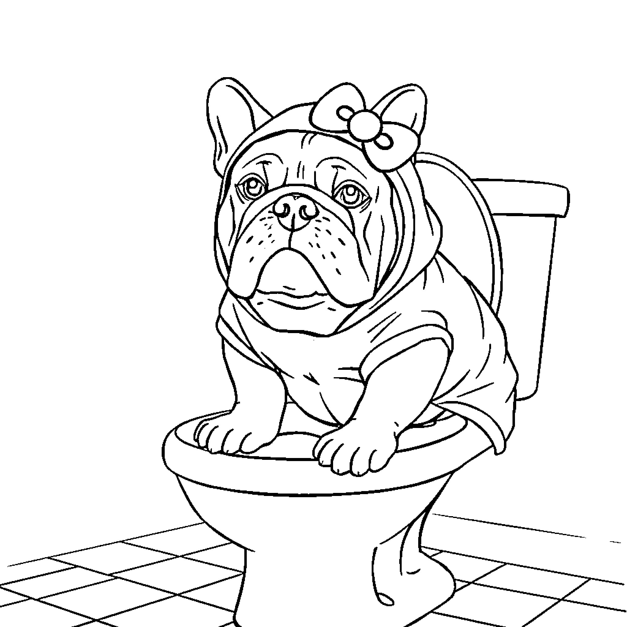 Bulldog sitting on a toilet with a bow Coloring Page (free black-and-white line drawing printable PDF for all, from beginners to advanced learners, including children, teens, adults, and seniors)