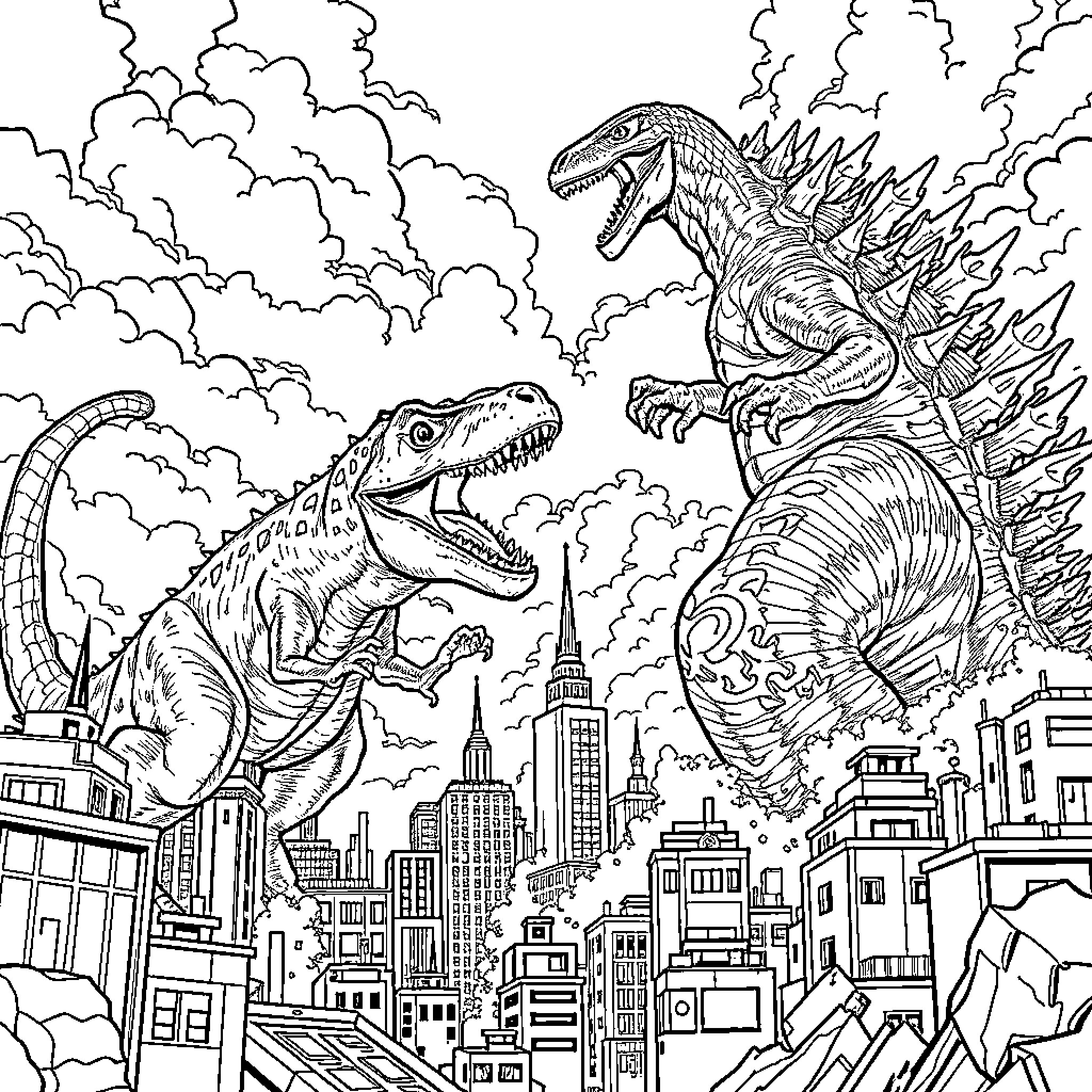 Dinosaur Creatures Battling in the City Coloring Page (free black-and-white line drawing printable PDF for all, from beginners to advanced learners, including children, teens, adults, and seniors)