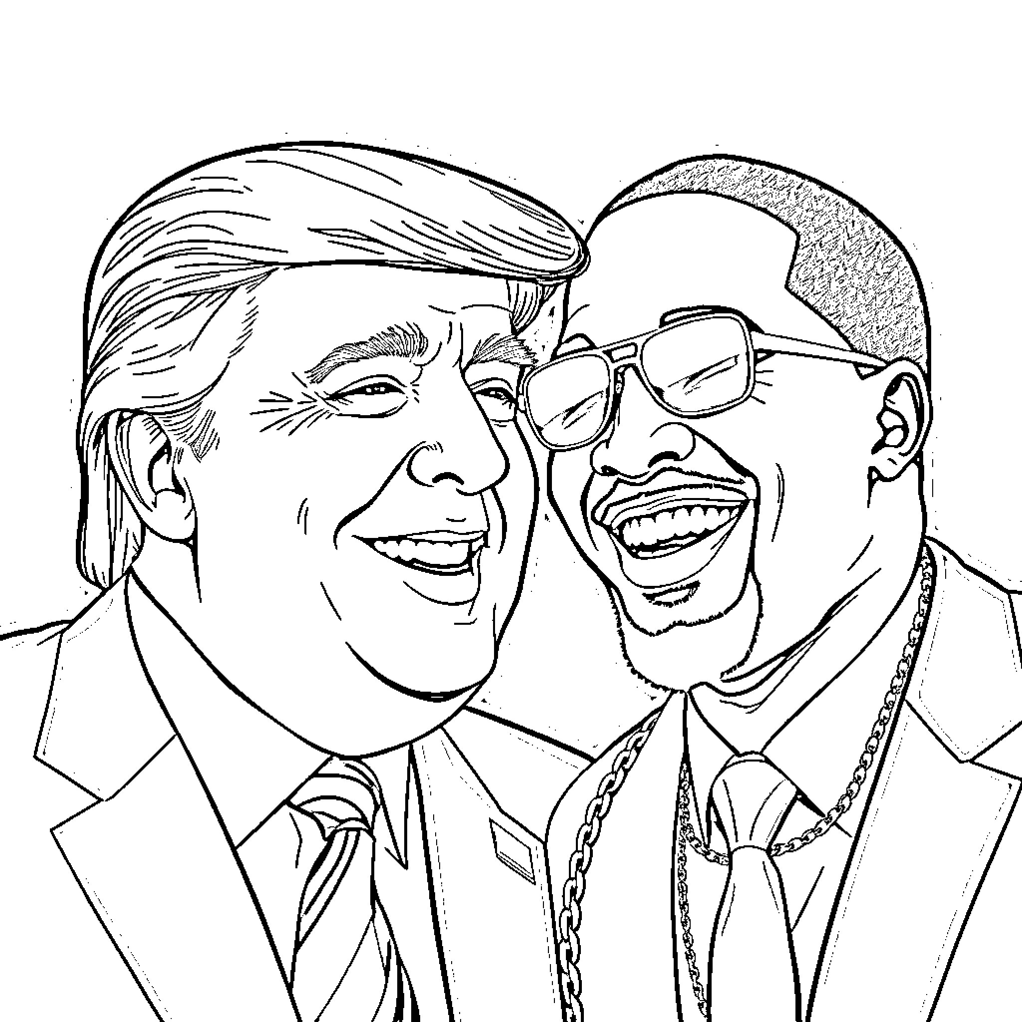 Donald Trump and Kanye West in Conversation Coloring Page (free black-and-white line drawing printable PDF for all, from beginners to advanced learners, including children, teens, adults, and seniors)