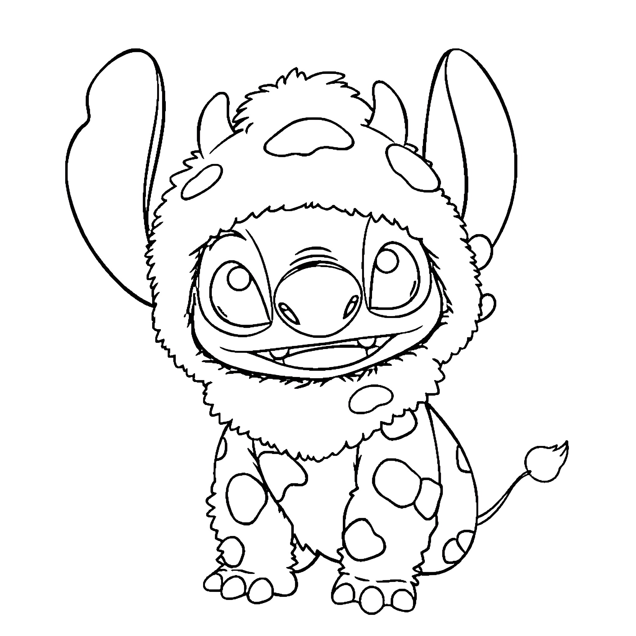 Stitch Smiling Playfully with Spotted Fur Coloring Page (free black-and-white line drawing printable PDF for all, from beginners to advanced learners, including children, teens, adults, and seniors)