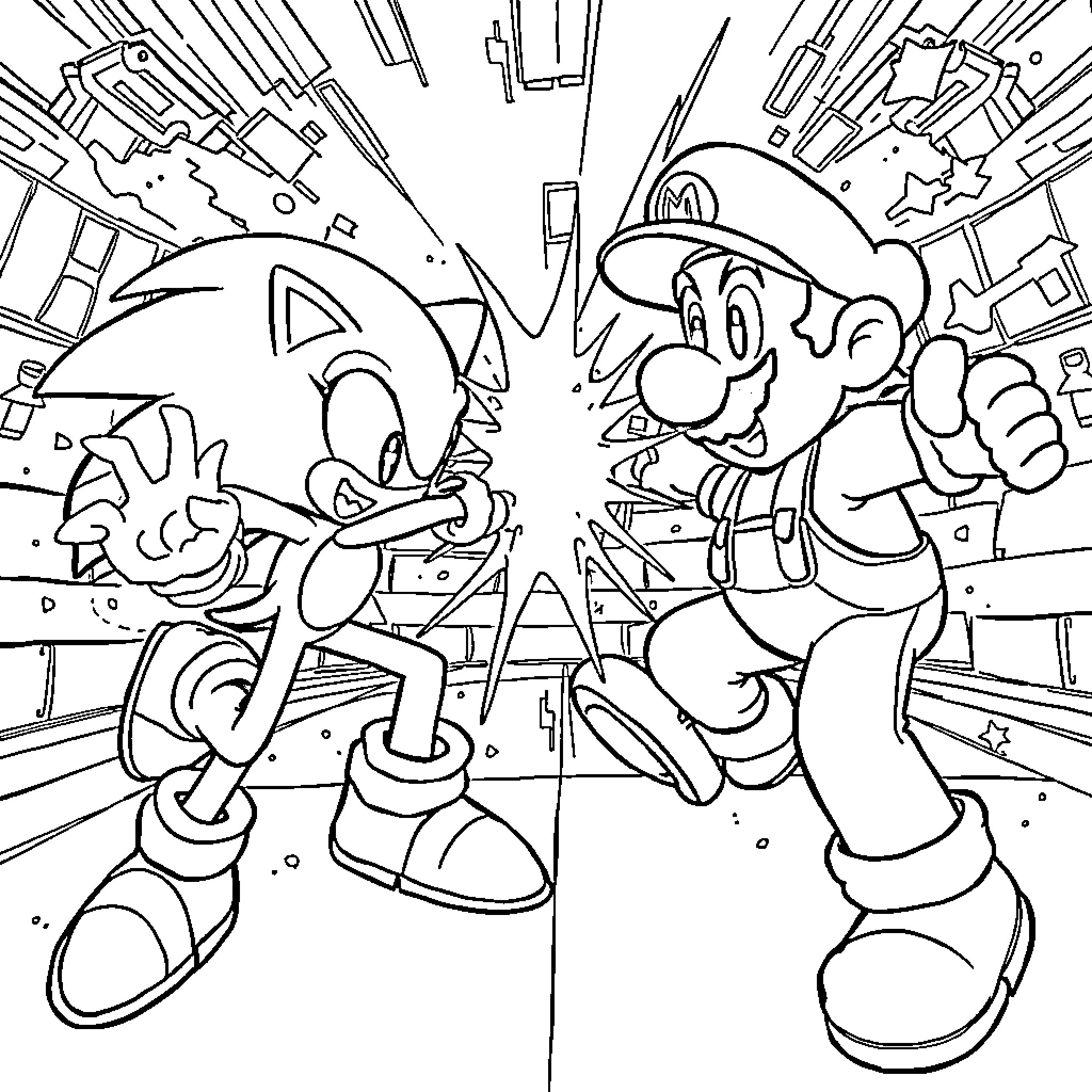 Sonic and Mario in action-packed adventure Coloring Page (free black-and-white line drawing printable PDF for all, from beginners to advanced learners, including children, teens, adults, and seniors)