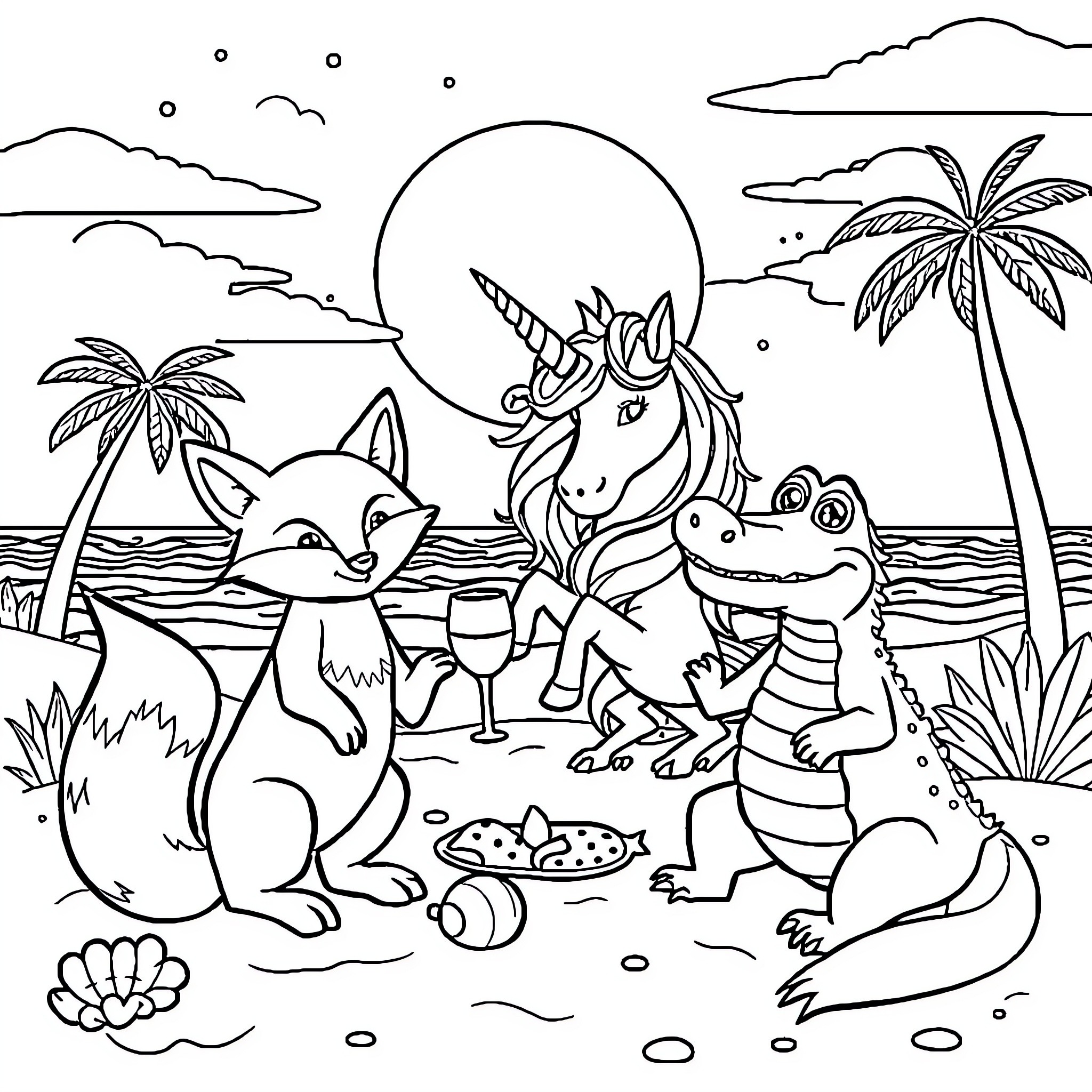 Fox and Unicorn Enjoying Tropical Beach Scene Coloring Page (free black-and-white line drawing printable PDF for all, from beginners to advanced learners, including children, teens, adults, and seniors)