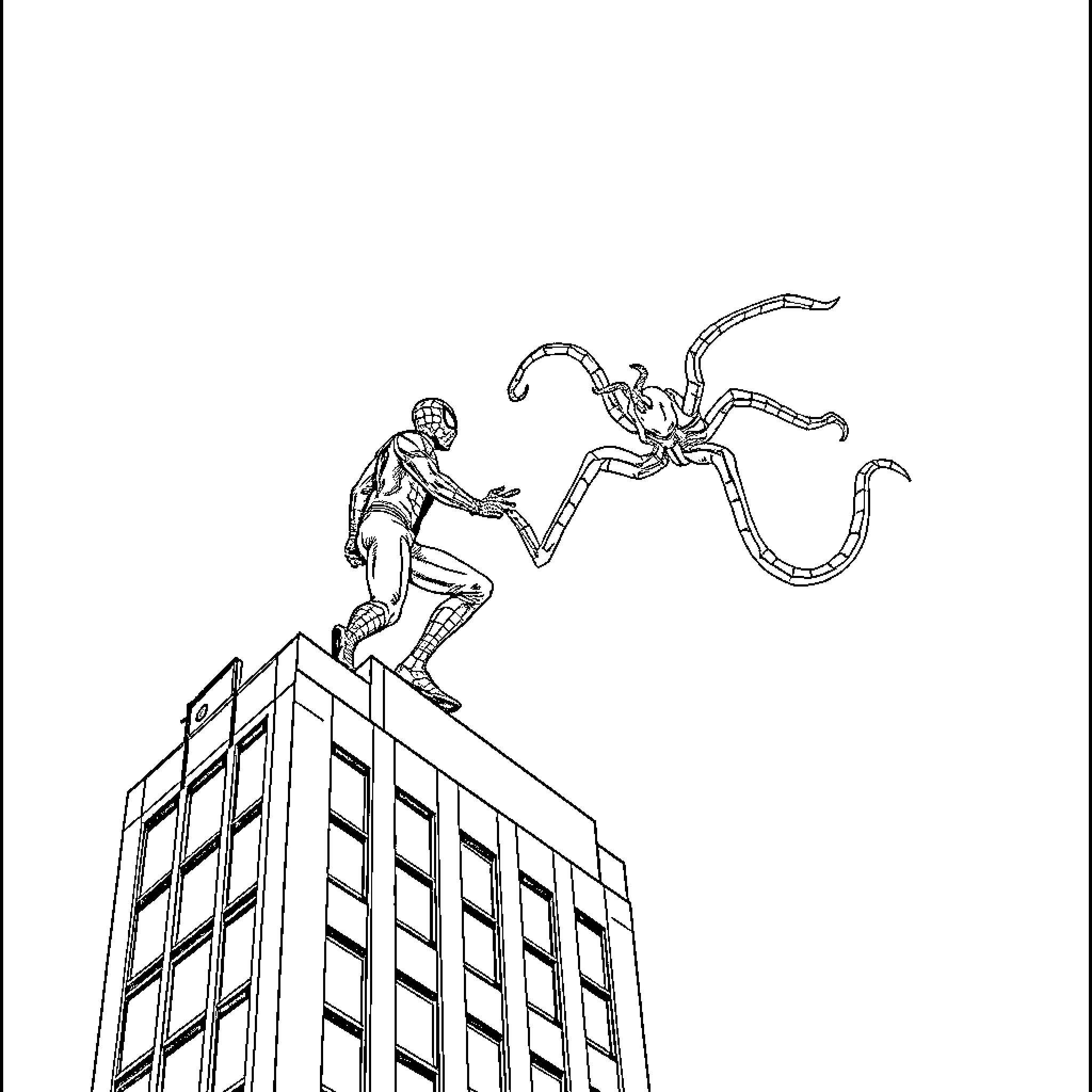 Spiderman battling a giant spider atop a skyscraper Coloring Page (free black-and-white line drawing printable PDF for all, from beginners to advanced learners, including children, teens, adults, and seniors)